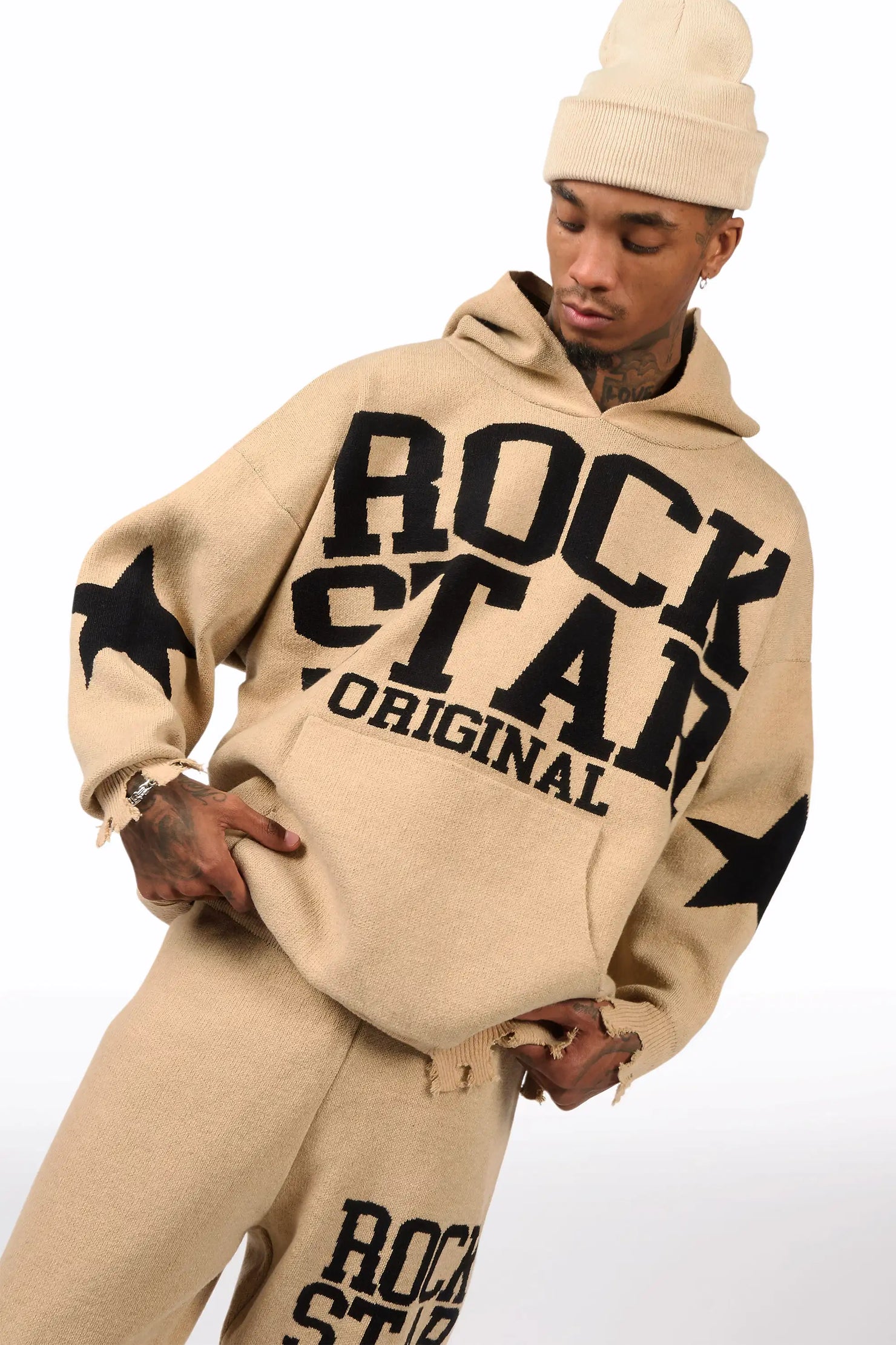 Outlaw Beige Hoodie Stacked Flare Knitted Set