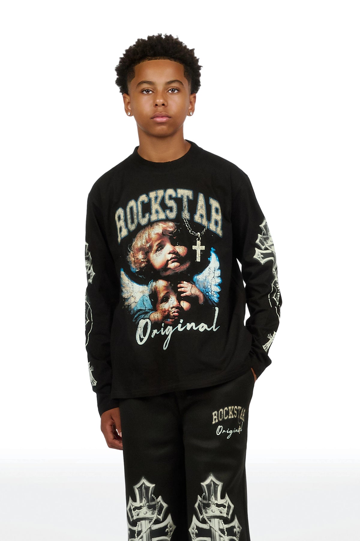 Boys Deiter Black/Black Long Sleeve  Graphic T-Shirt Track Set