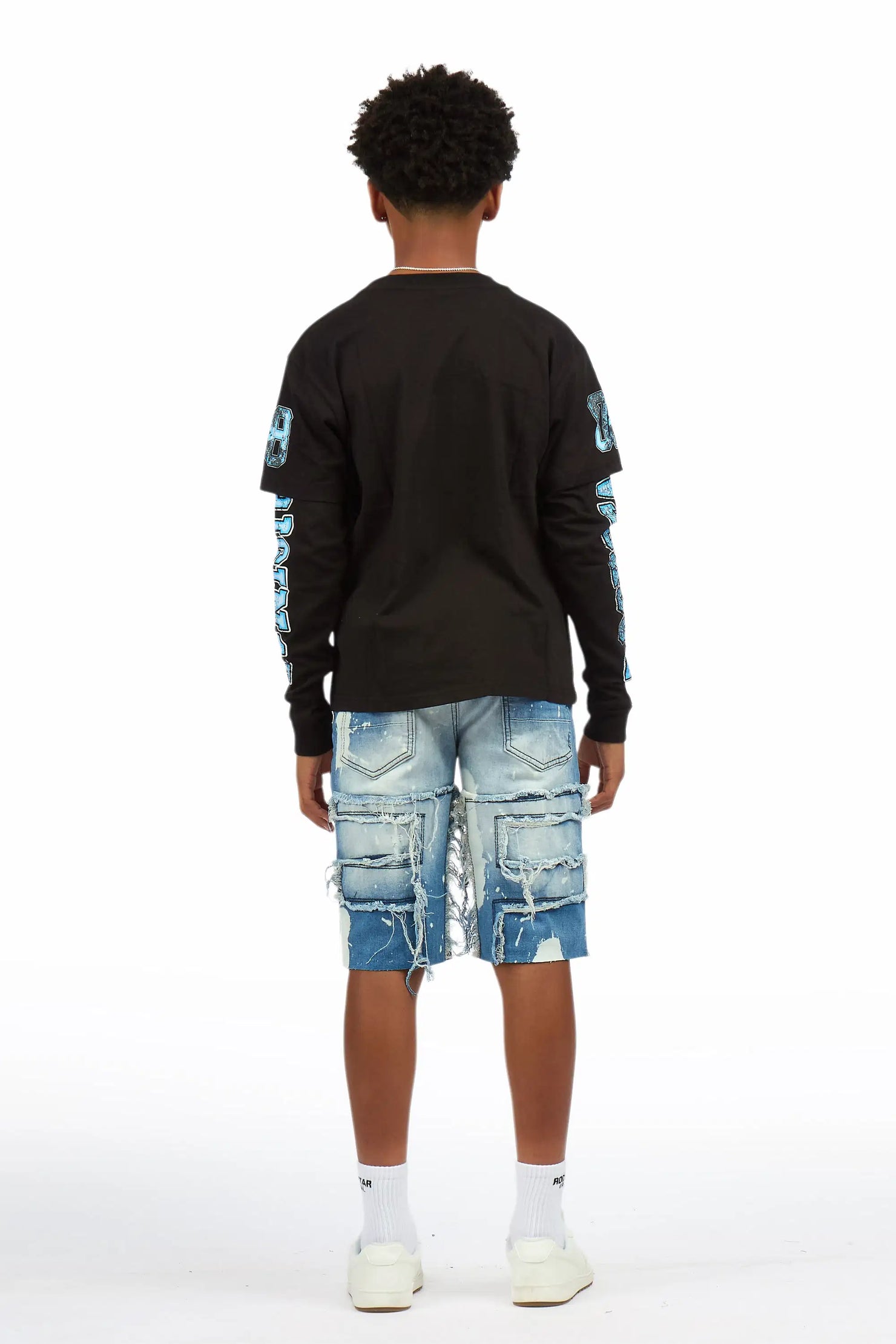 Boys Fieban Black/Blue Double Layer T-Shirt/Denim Short Set