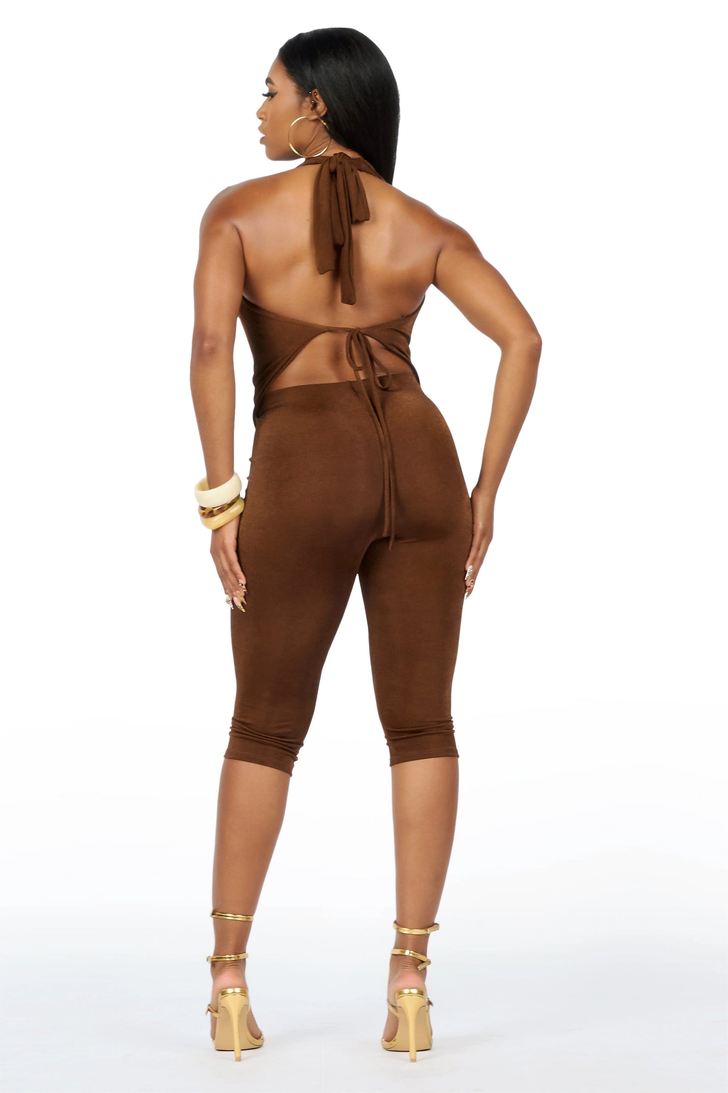 Draped-Up Brown Matching Capri Set