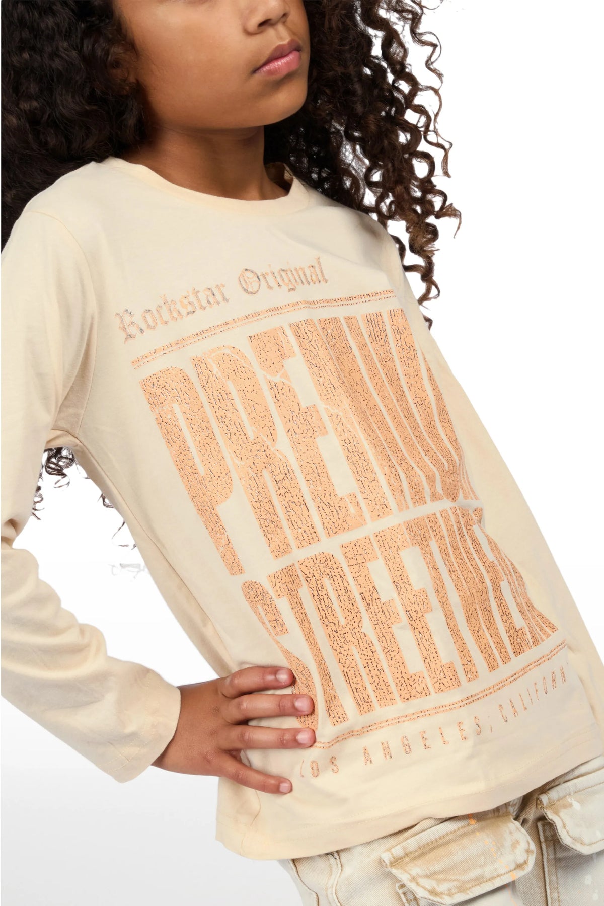 Girls Pluty Beige Long Sleeve T-Shirt Stacked Painter Jean Set