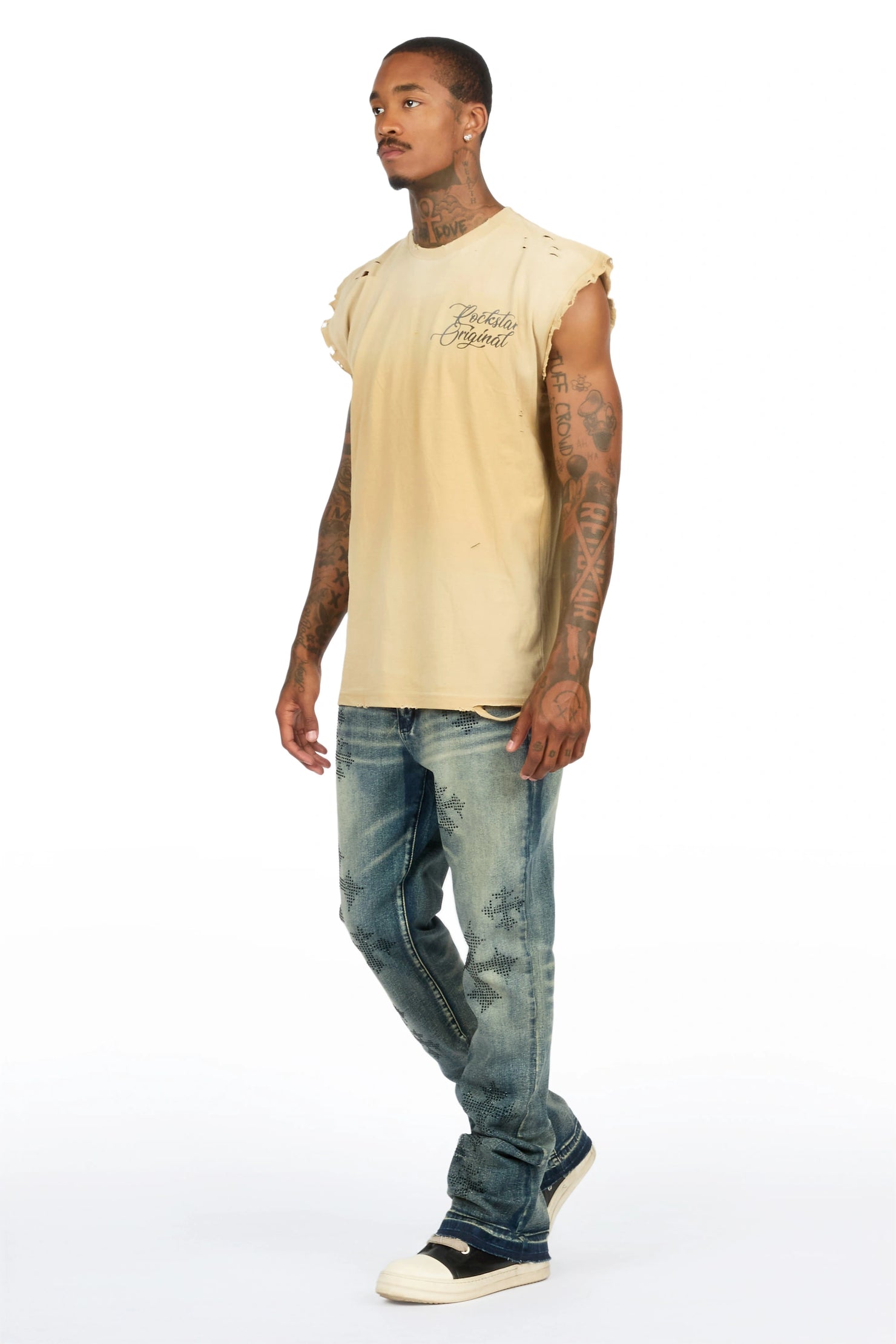 Kamari Dark Blue Rhinestone Stacked Fit Jean
