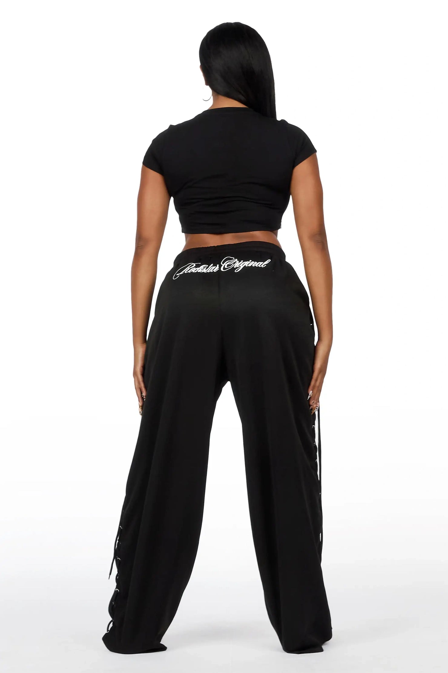 Desire Black Lace Up  Crop T-Shirt Baggy Track Set