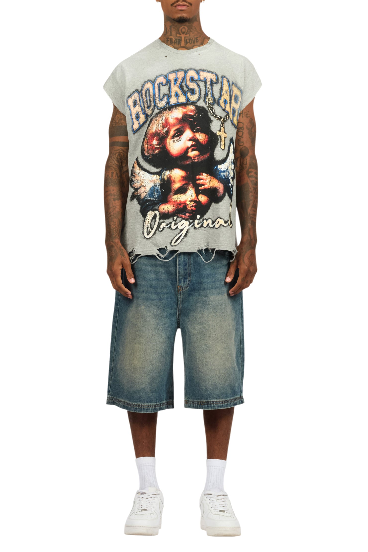 Deiter Heather Grey Muscle Tee/Denim Jort Set