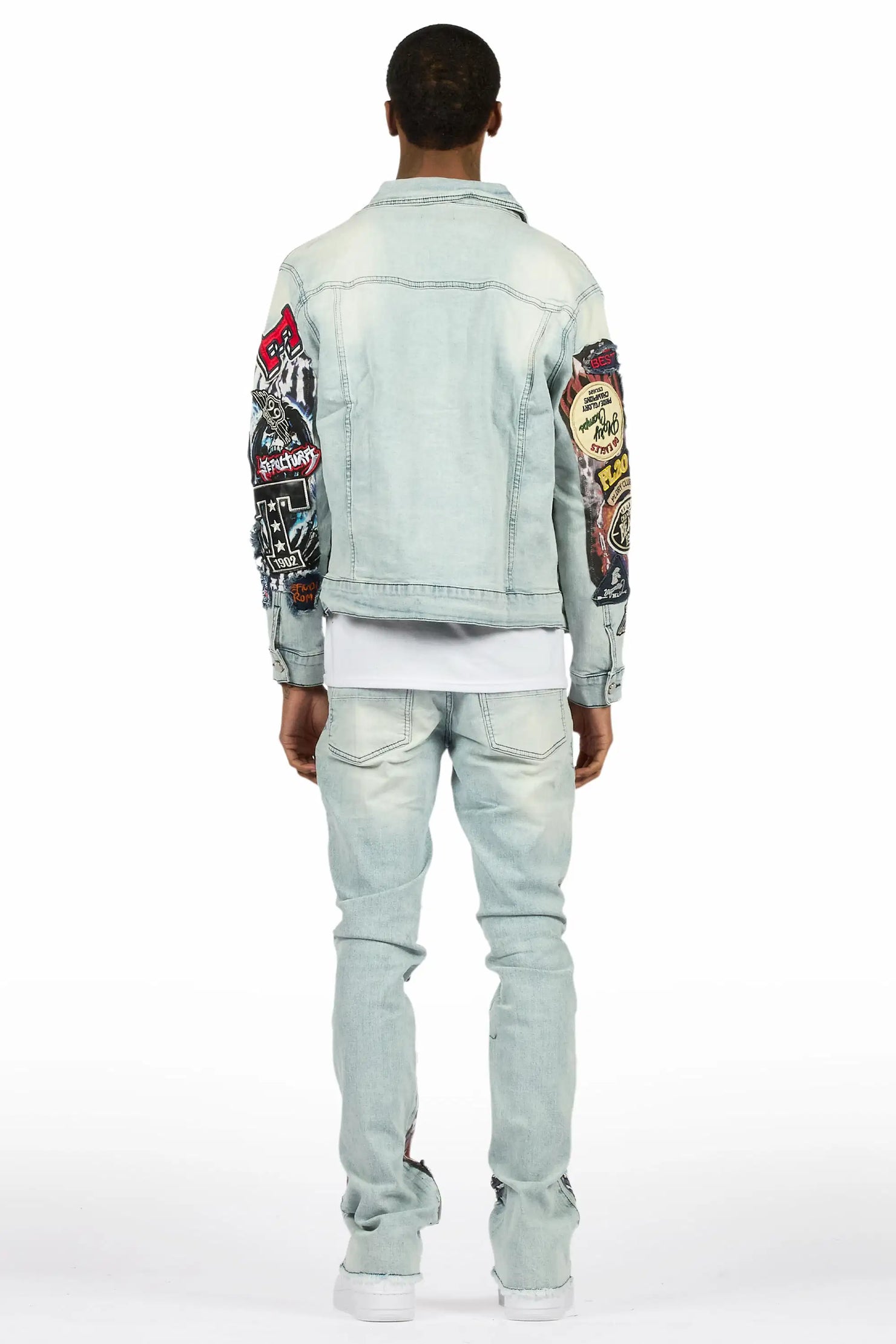 Espan Light Blue Denim Jacket/Stacked Flare Jean Set