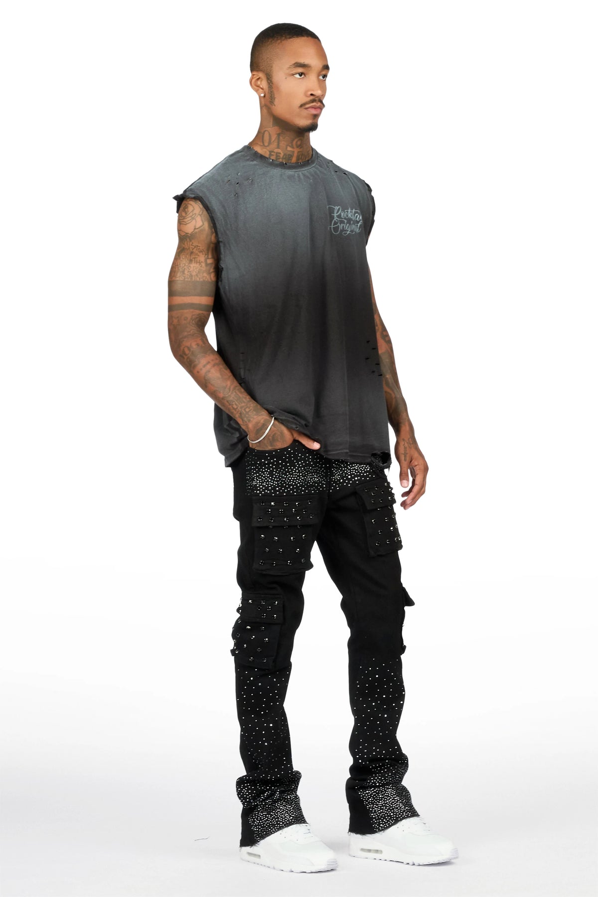 Arman Jet Black Rhinestone Stacked Fit Jean