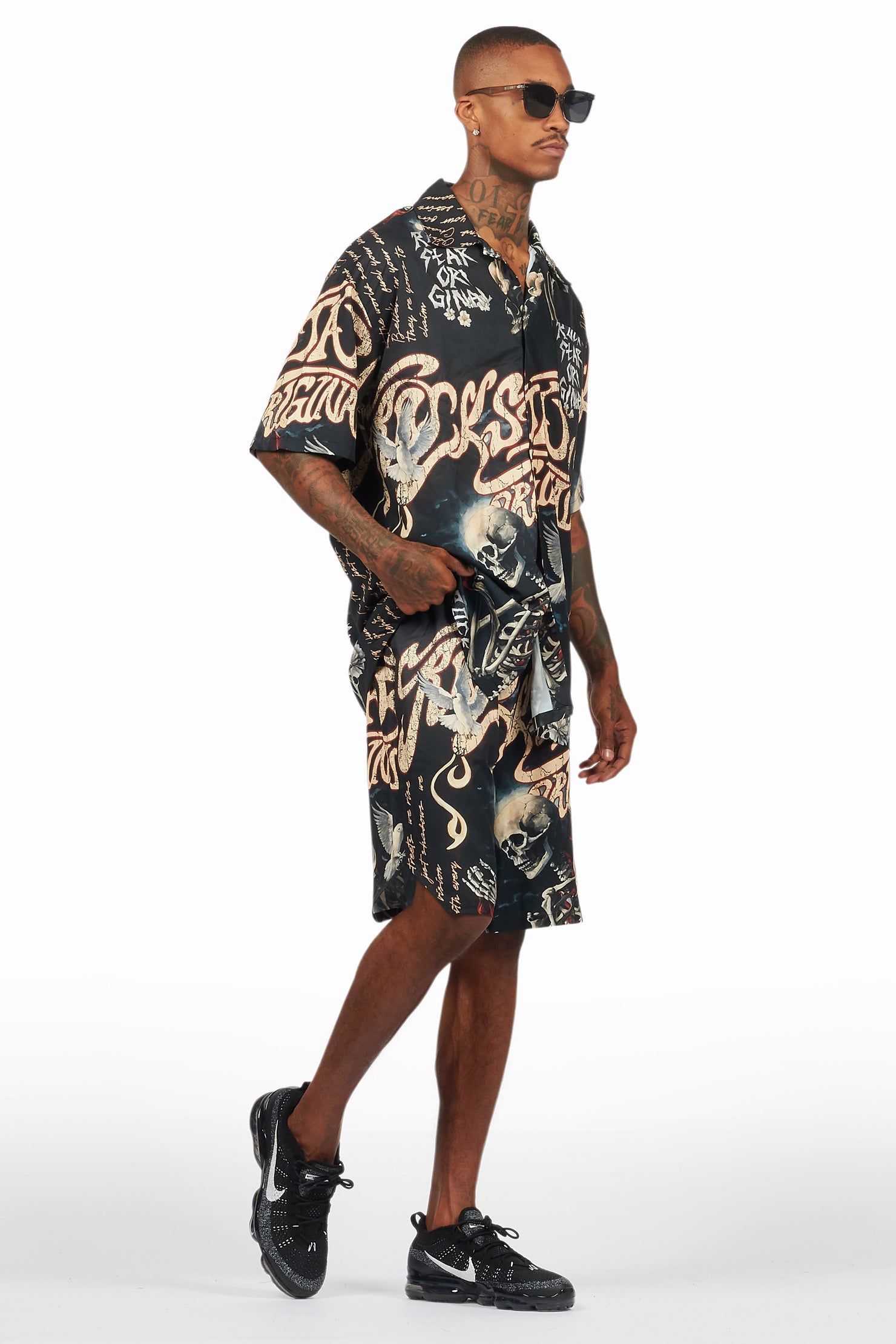 Clout Black Button Down Short Set