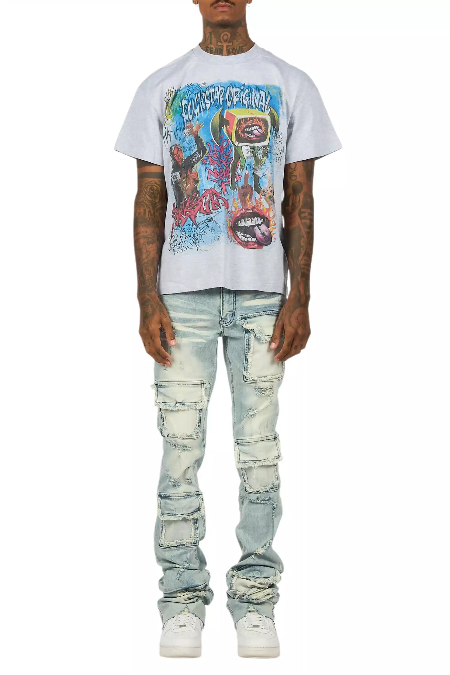 Yooz Heather Grey/Blue Oversized T-Shirt/Super Stacked Flare Jean Bundle