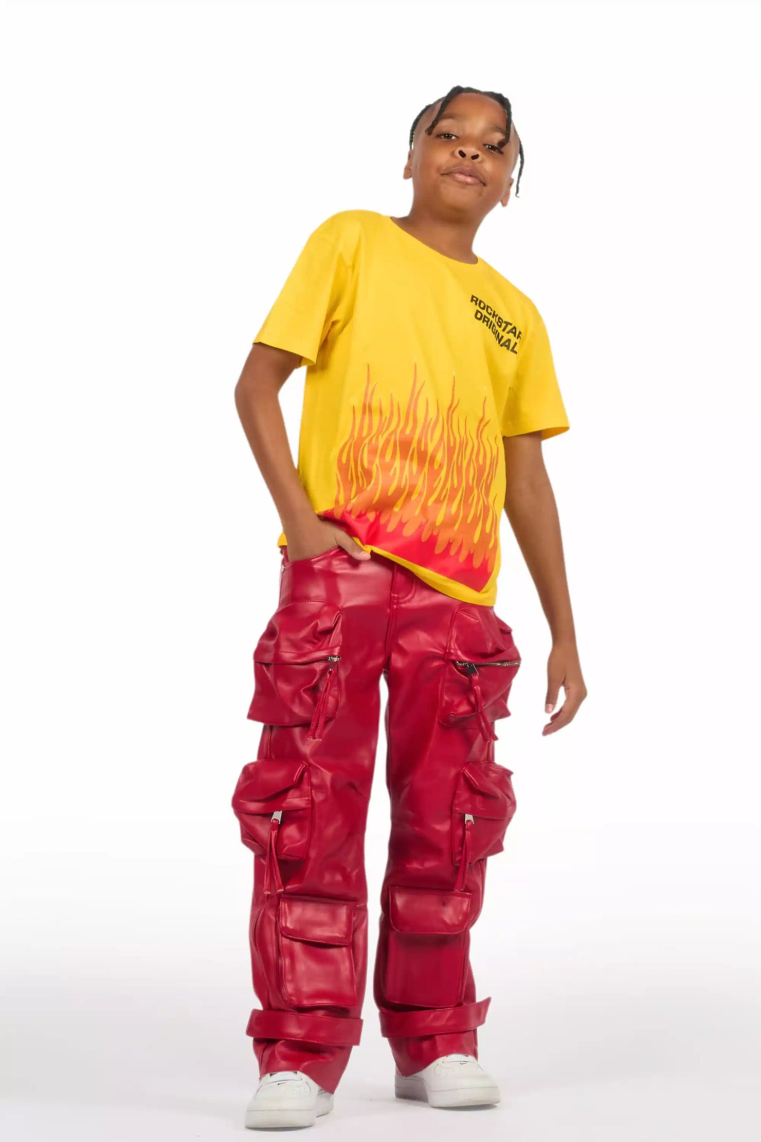 Boys Lenz Red PU Cargo Leather Baggy Fit Jean