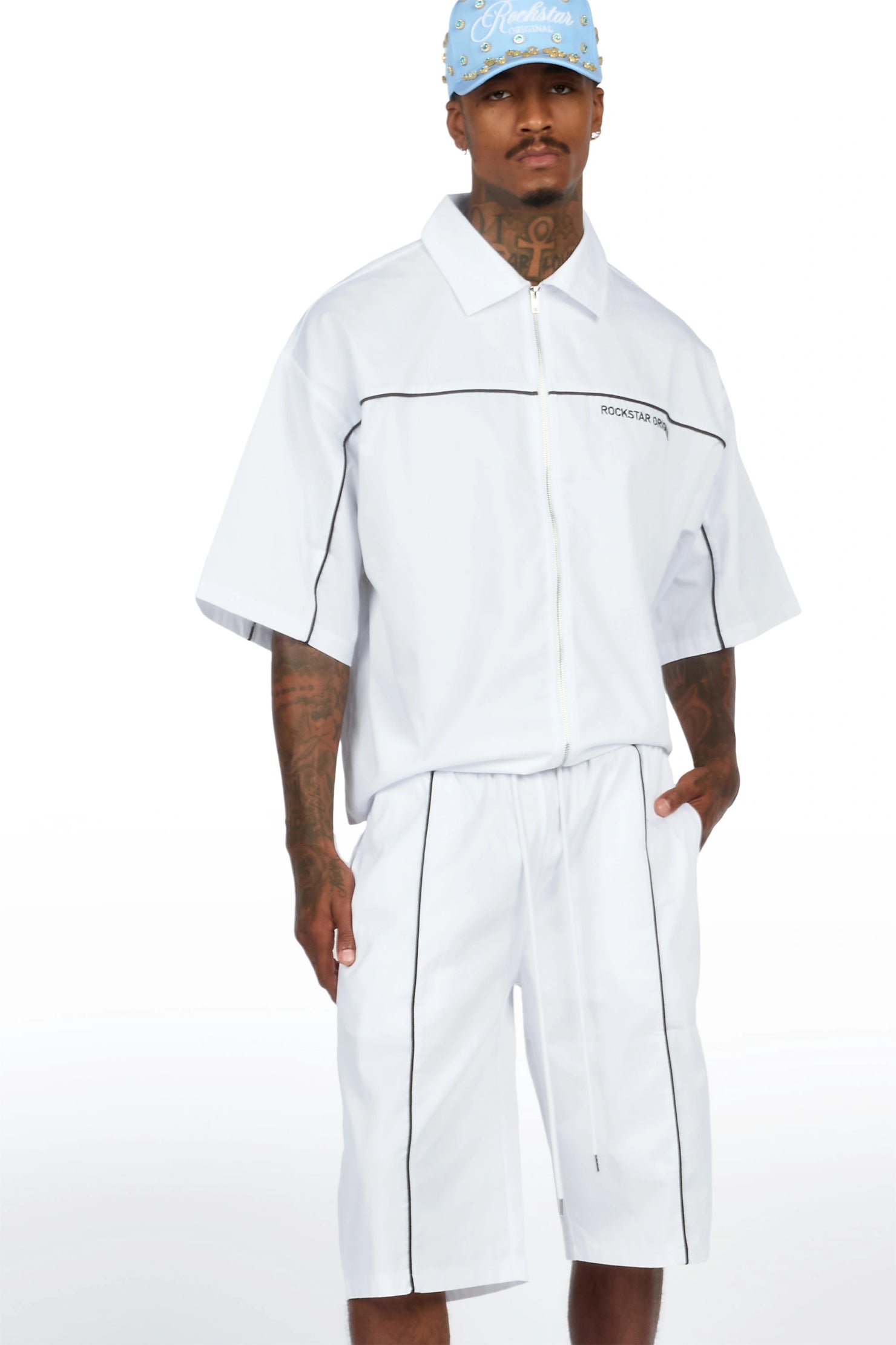 Izan White Zip Up Short Sleeve Twill Short Set