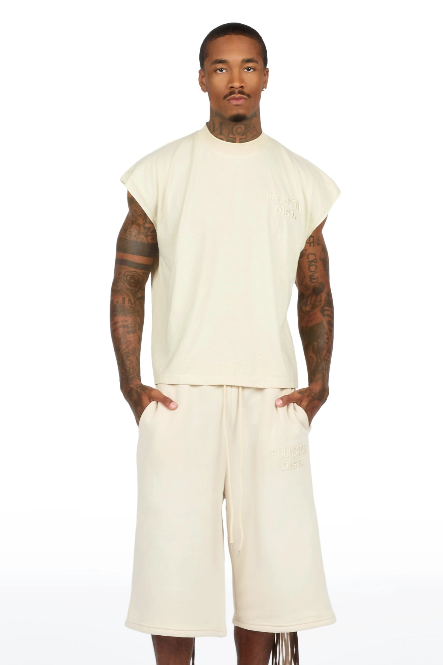 Jolan Beige Cut Sleeve T-Shirt/Jort Set