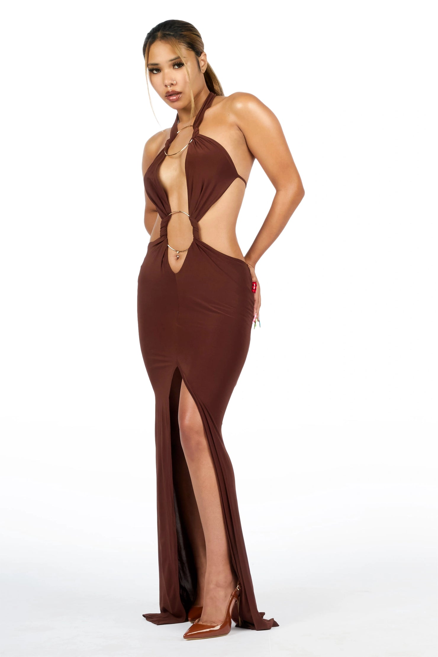 Two-Ring Chocolate Maxi Cut-Out Dress