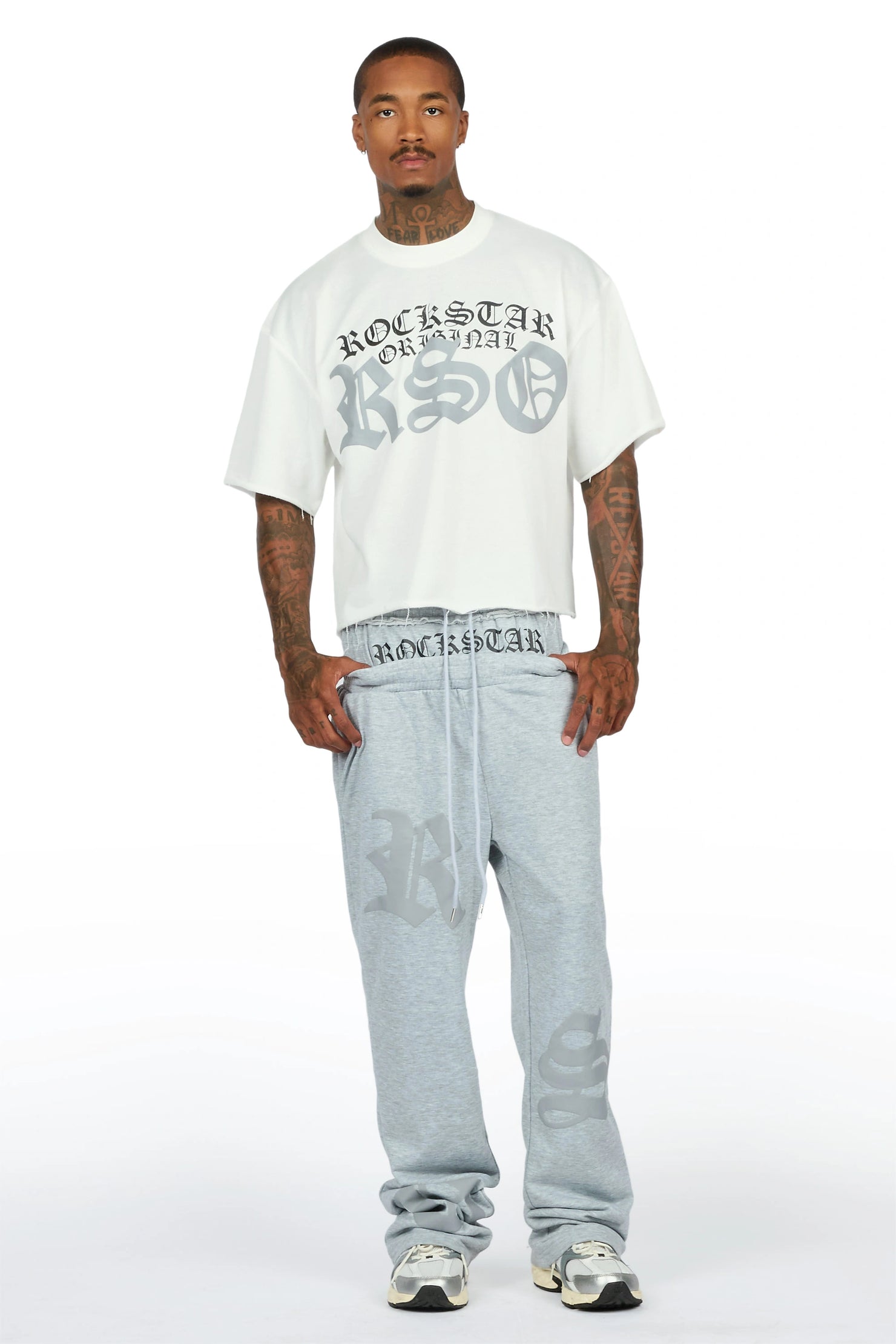 Burke Heather Grey Chenille Patch Boxy Tee/Double Waistband Pant Track Set