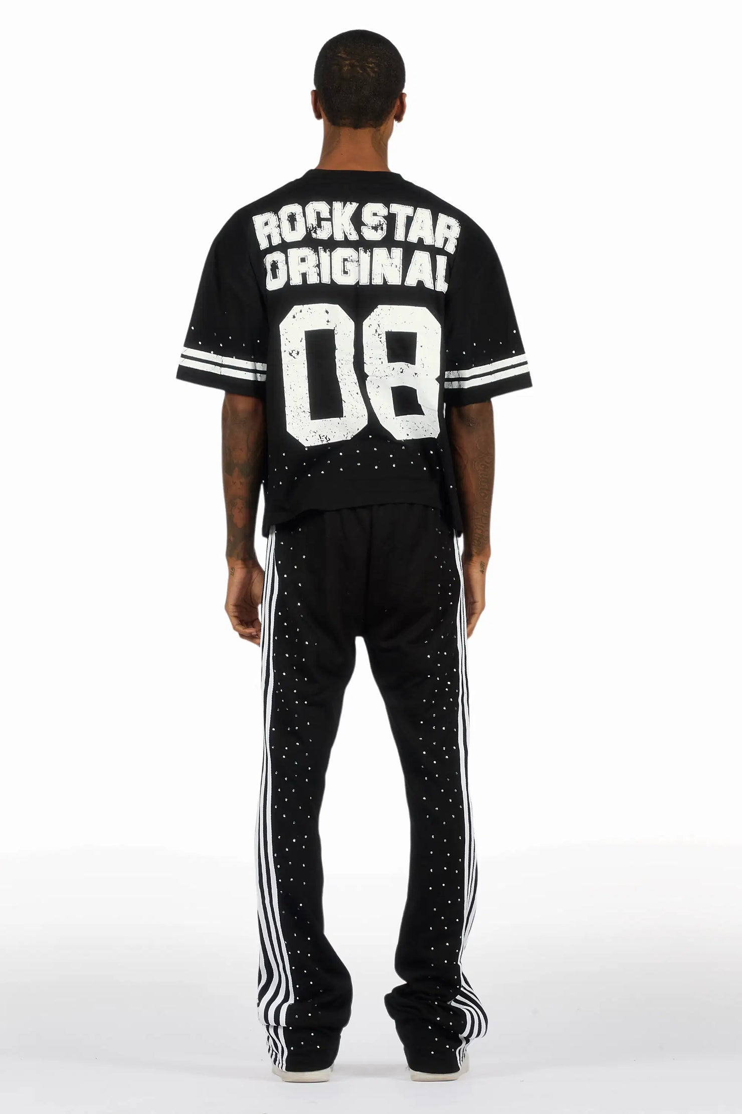 Tylla Black Rhinestone T-Shirt/Baggy Stacked Track Set