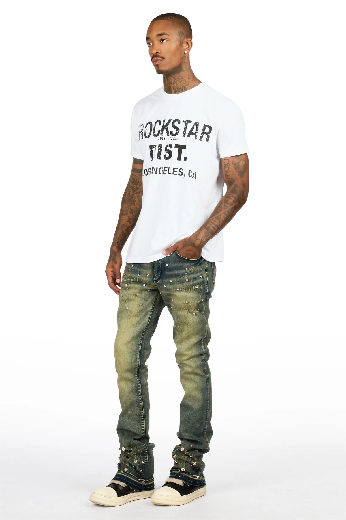 Kervin Dark Blue Rhinestone Stacked Jean