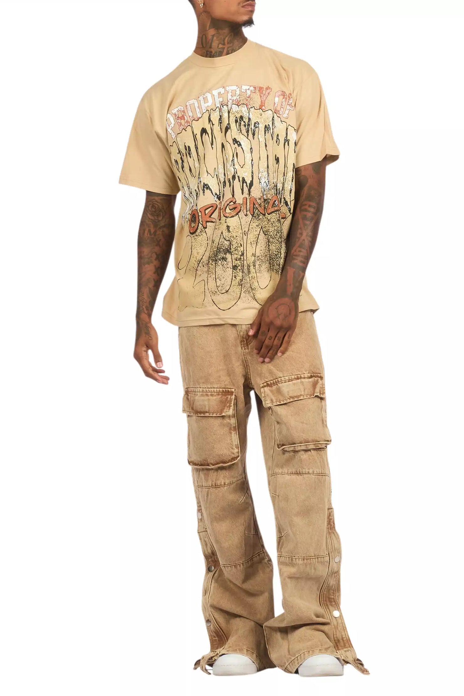 Raezion Beige/Brown Oversized Graphic T-Shirt