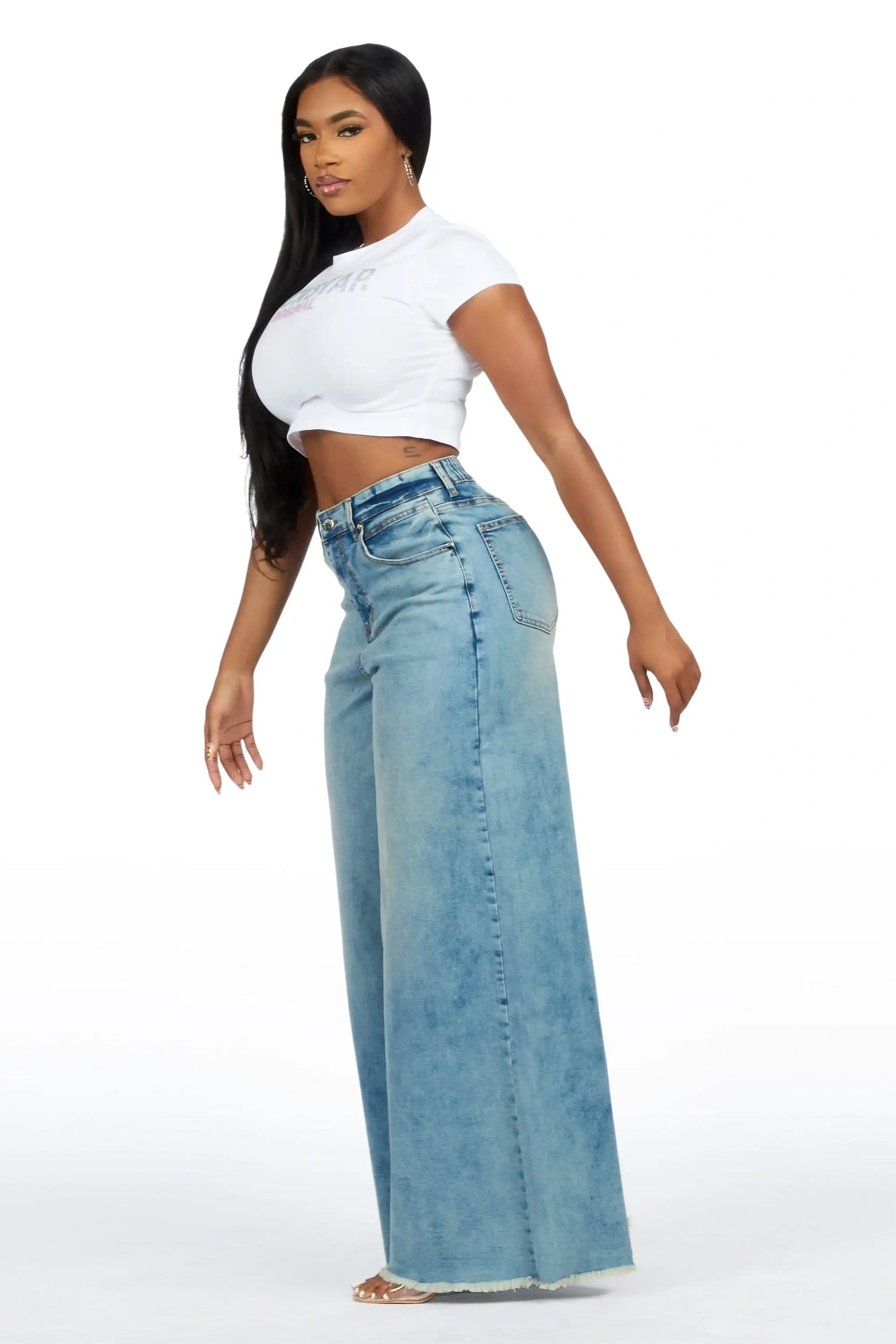 Cegaria Light Wash High Rise Elastic Back Stretch Baggy Jean