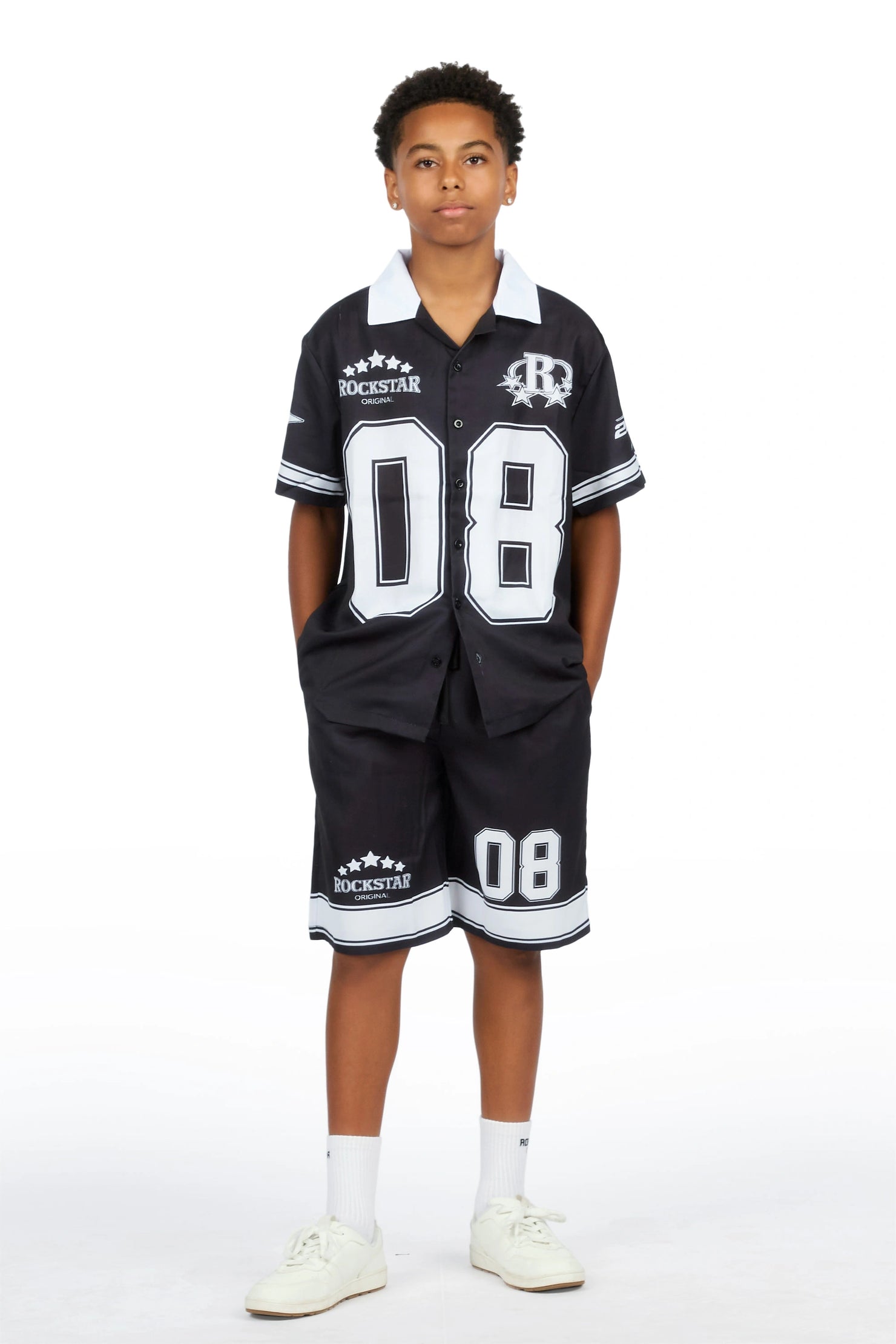 Boys Tim Black Button Down T-Shirt/Short Set