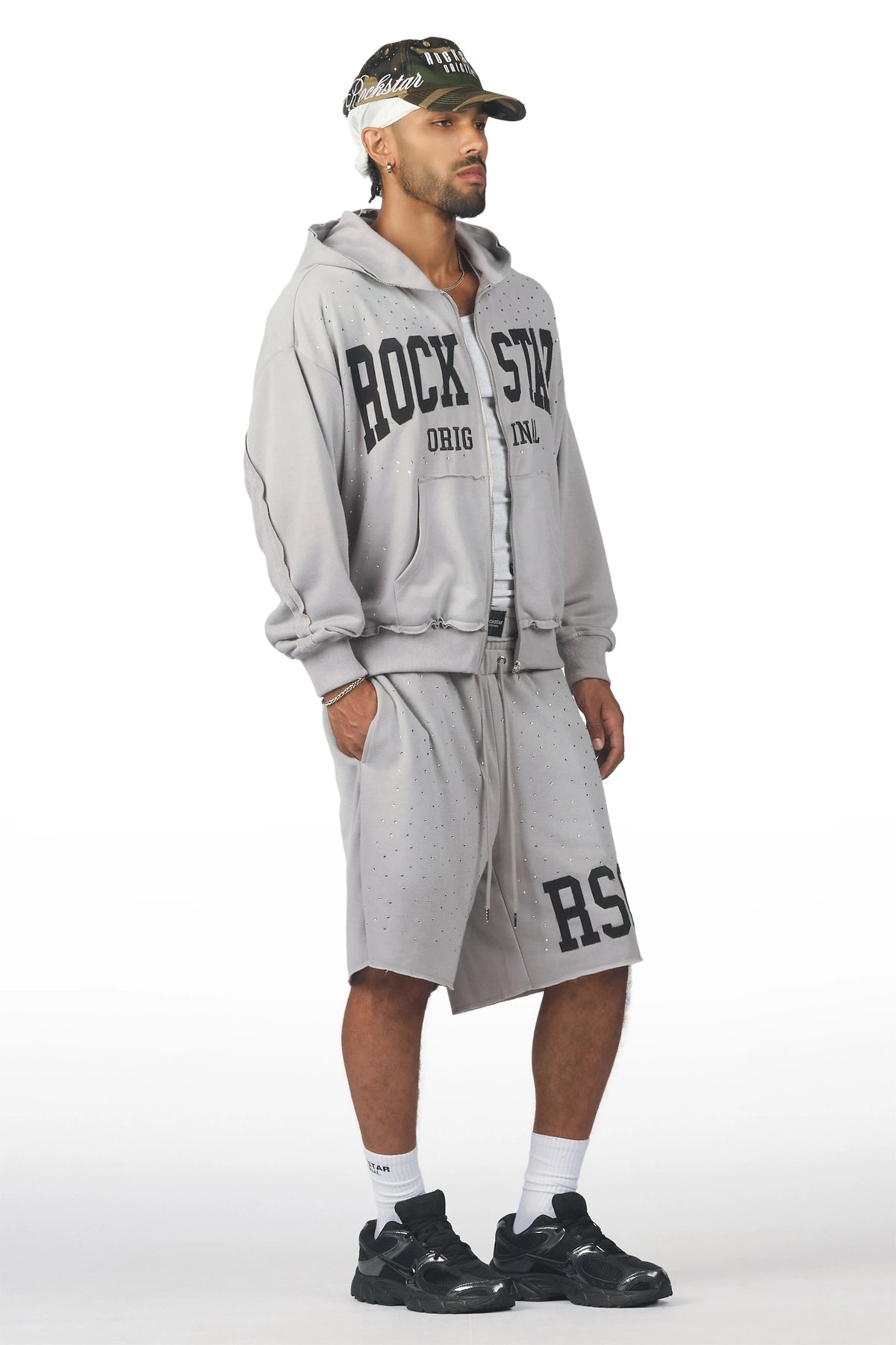 Akila Grey Rhinestone Hoodie Double Waisted Short Set