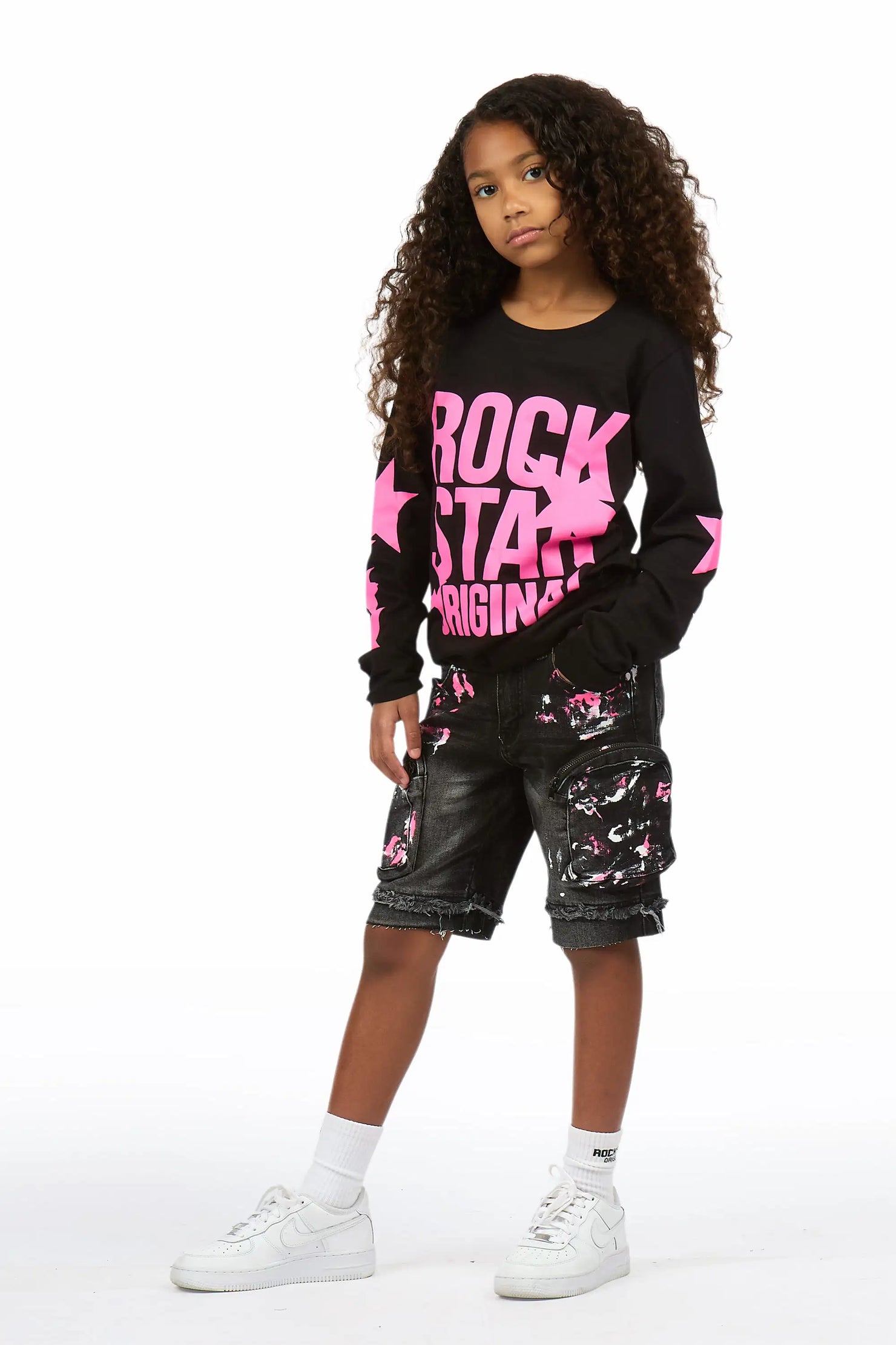 Girls Sechora Black/Dark Grey Long Sleeve T-Shirt Denim Short Set