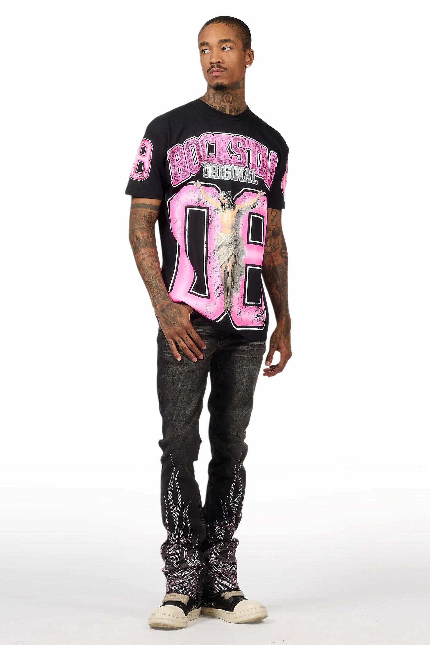 Samba Dark Grey/Pink Rhinestone Stacked Flare Jean