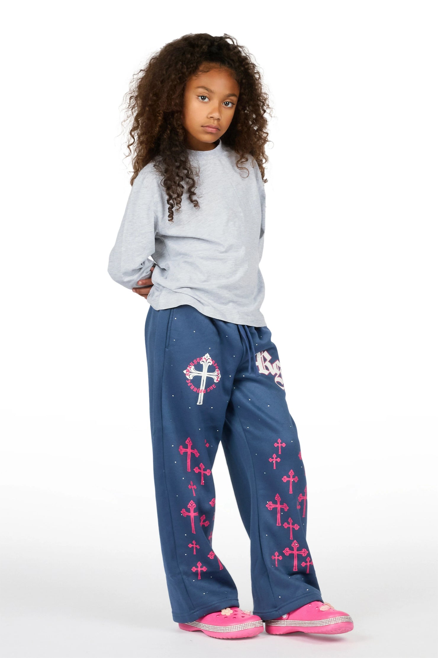 Girls Tonnea Navy Rhinestone Super Baggy Track Pant