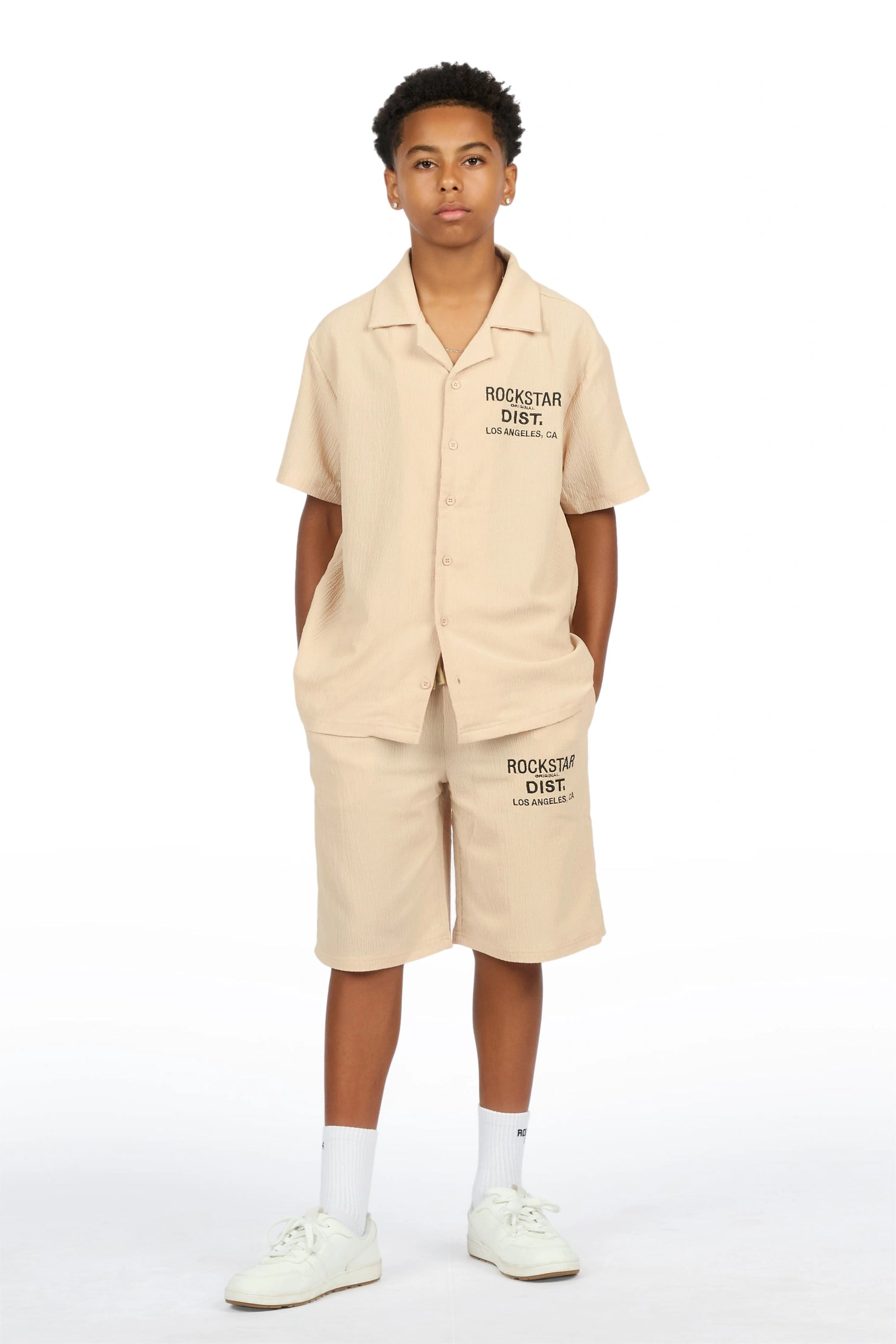 Boys Kason Beige Button Down Shirt/Short Set