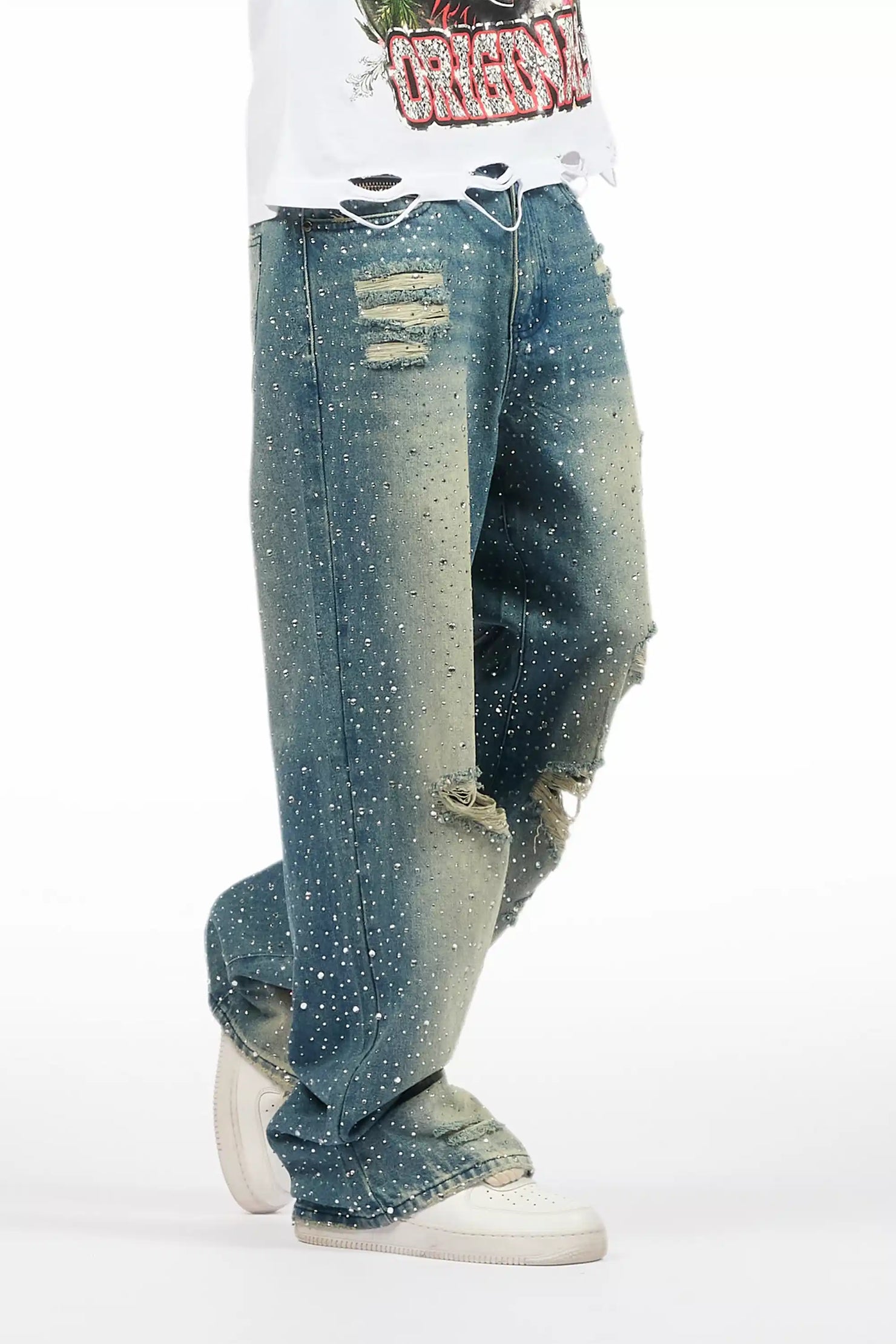 Discolite Rhinestone Medium Blue Baggy Jean