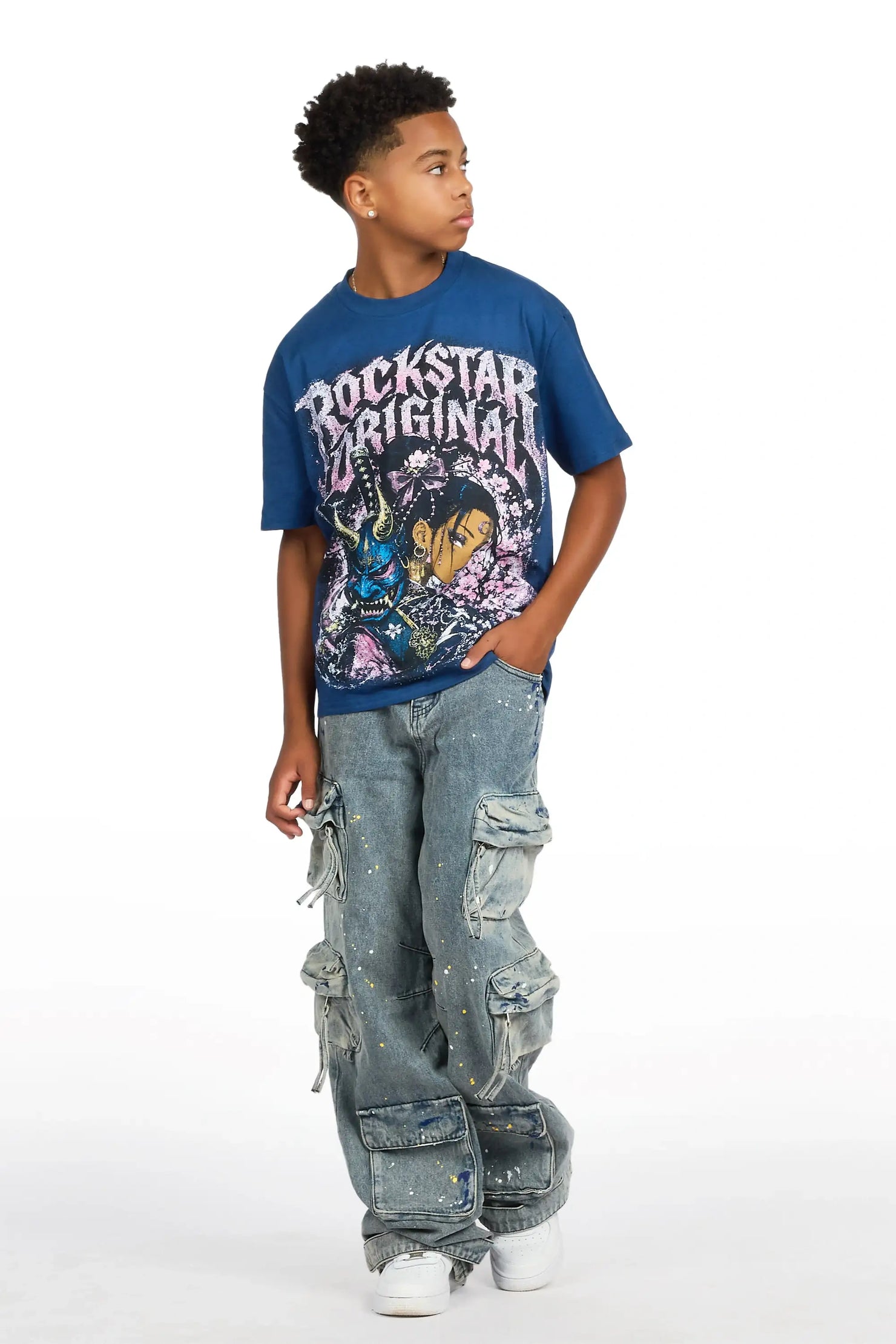 Boys Kavero Navy/Blue T-Shirt Painter Baggy Jean Set