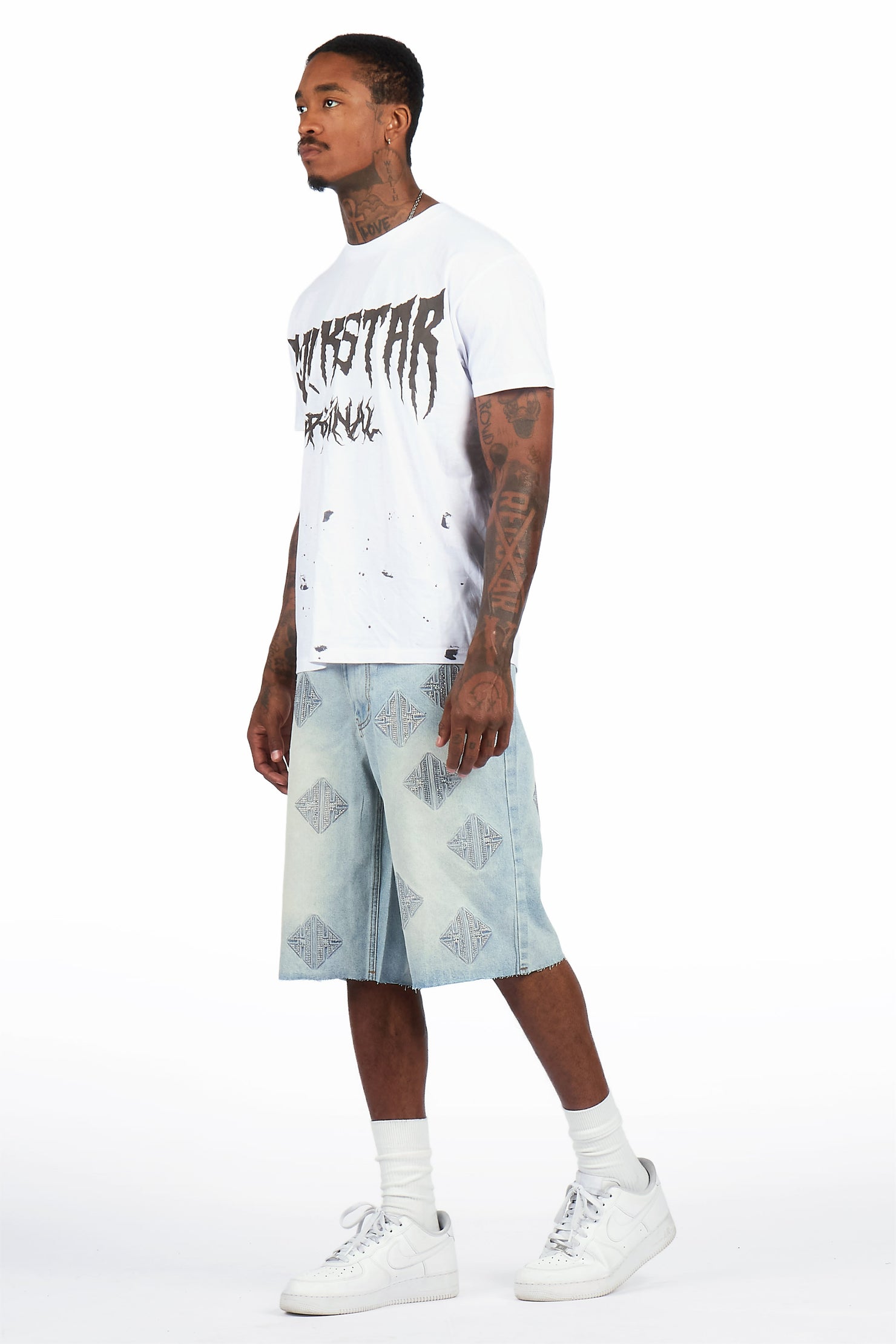 Demanuele Light Blue Rhinestones Denim Short