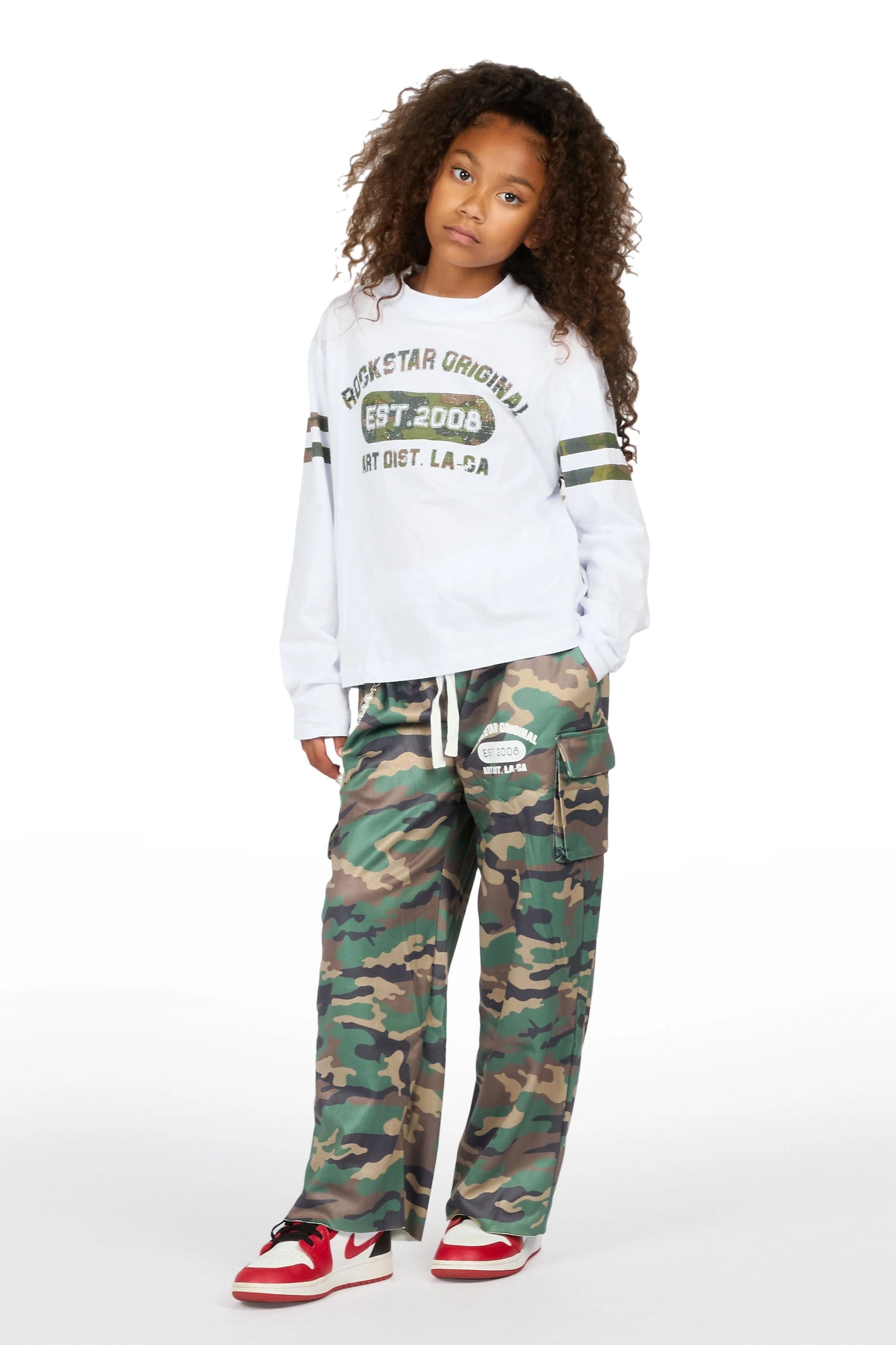 Girls Alexa White/Camo Long Sleeve Shirt Double Waisted Super Baggy Track Set