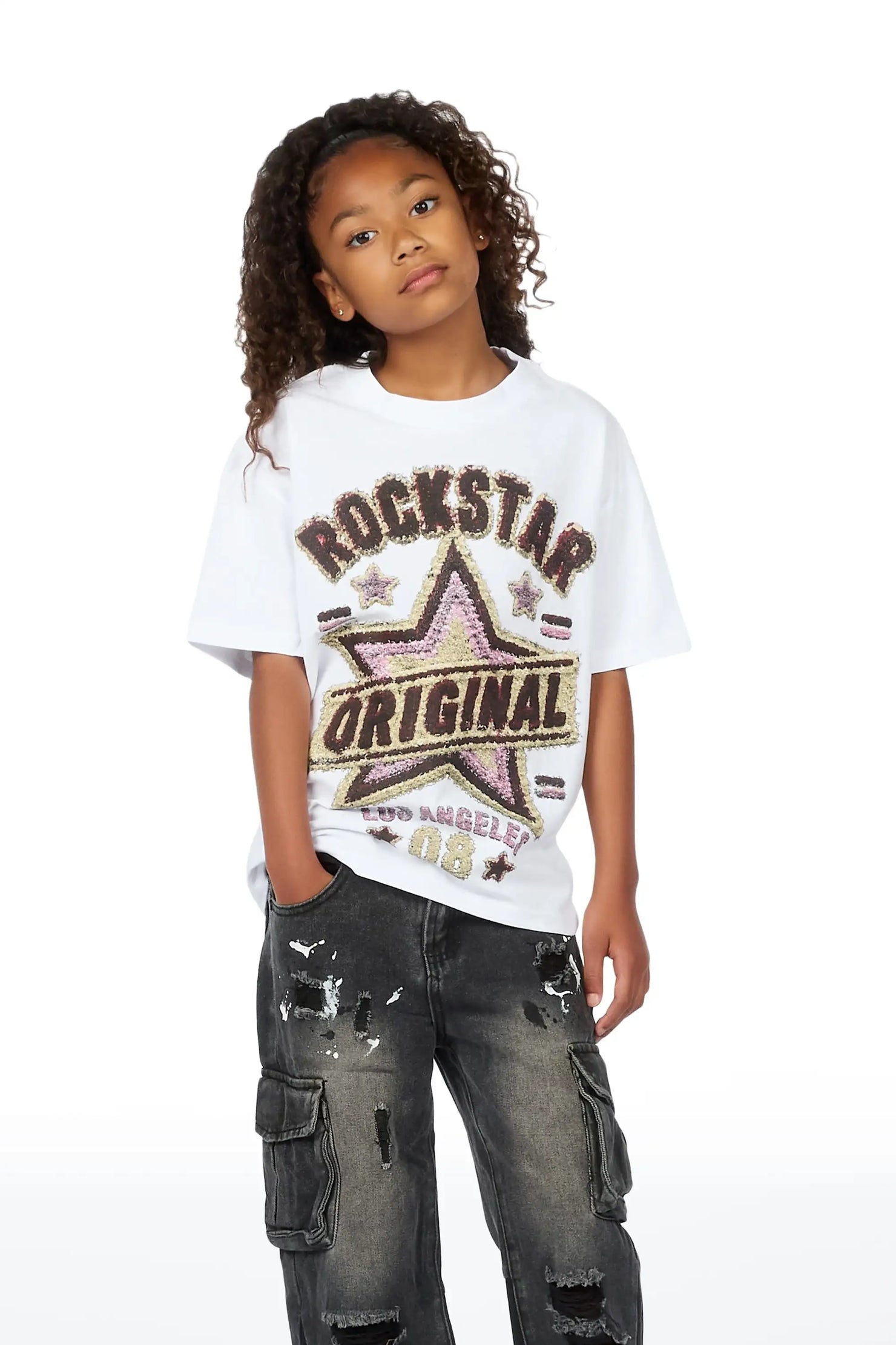 Girls Basiliskie White/Dark Grey T-Shirt Baggy Jean Set