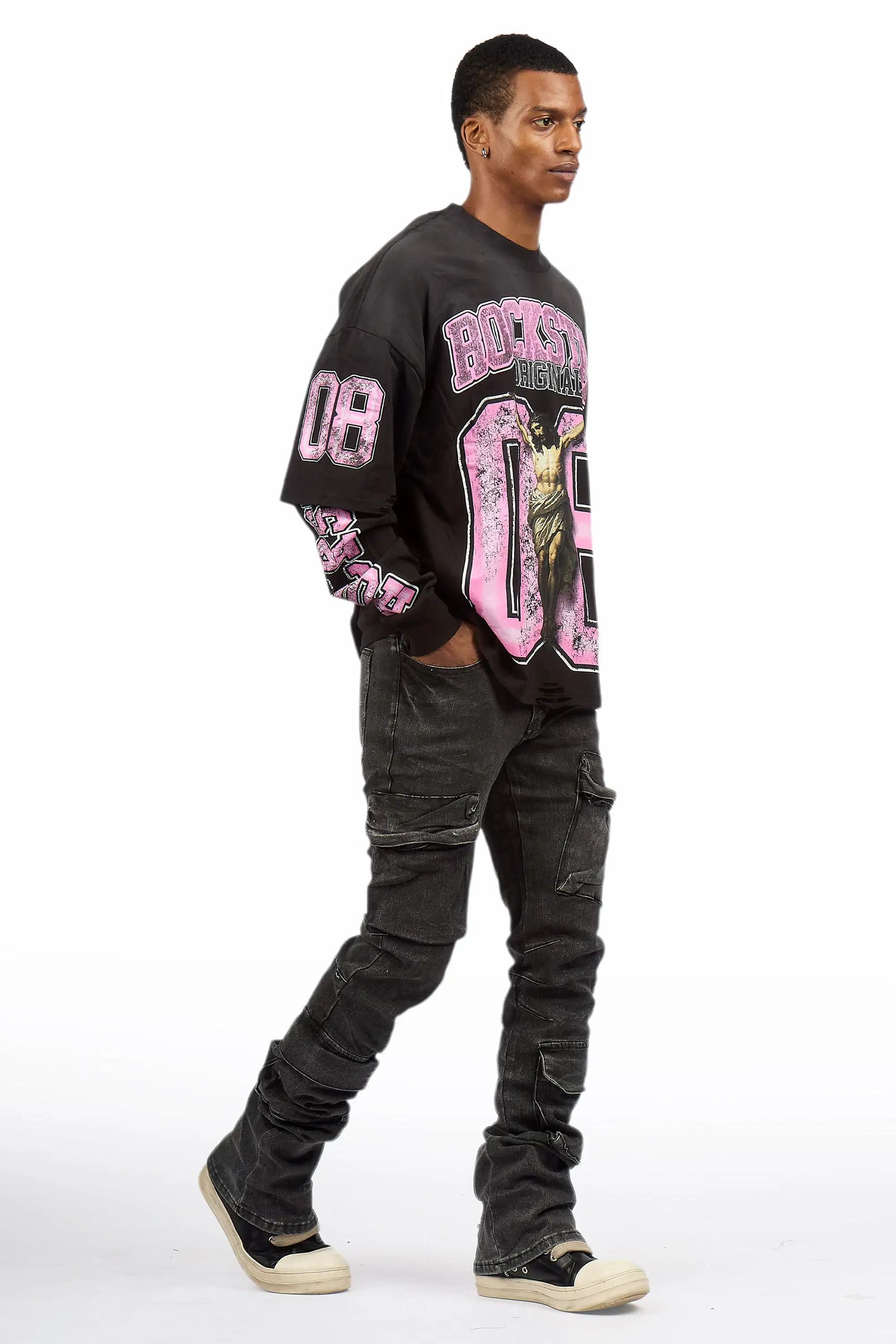 Titan Foil Stacked Flare Jean