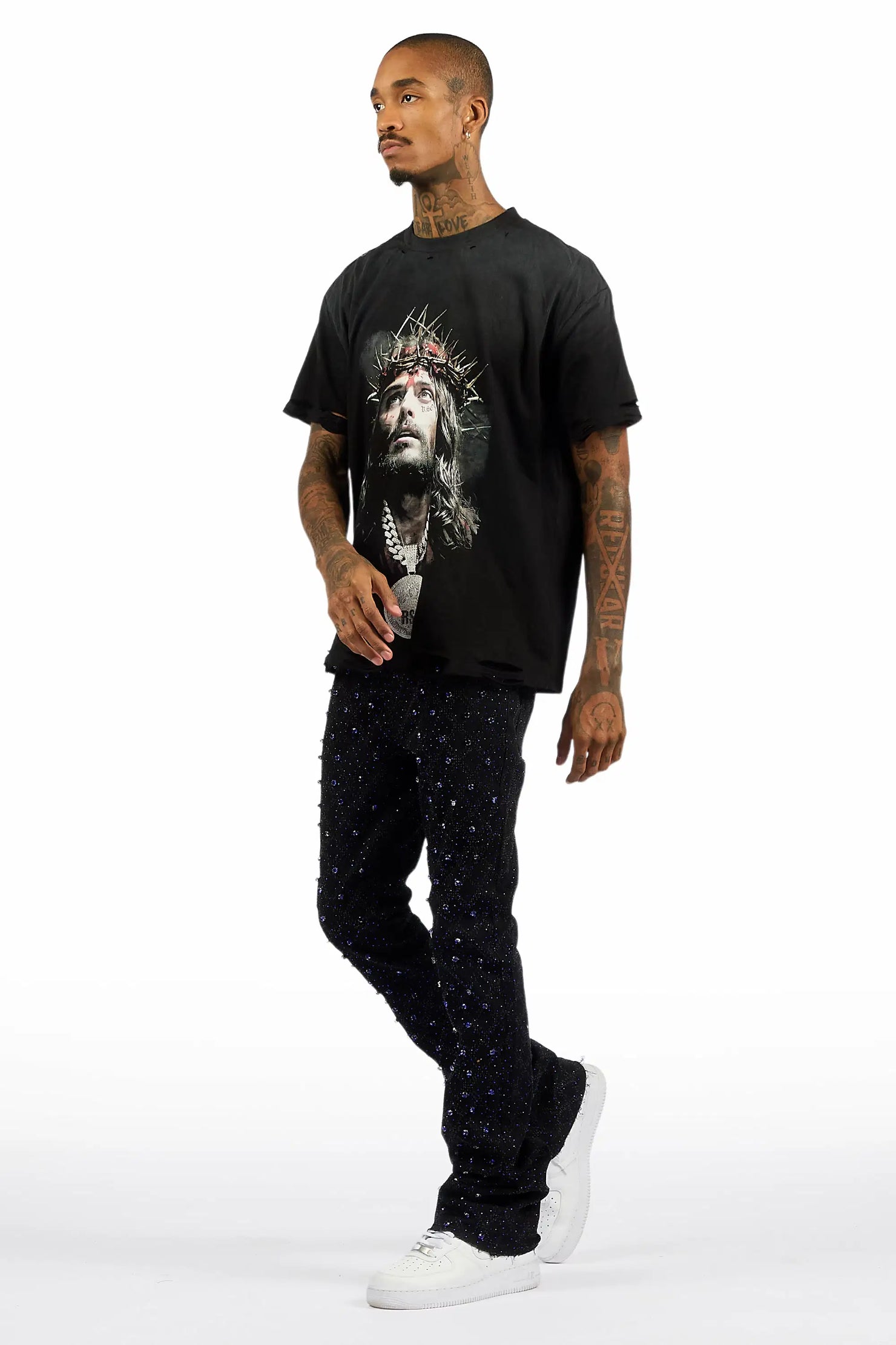 Glit Black/Royal Rhinestone Stacked Flare Jean