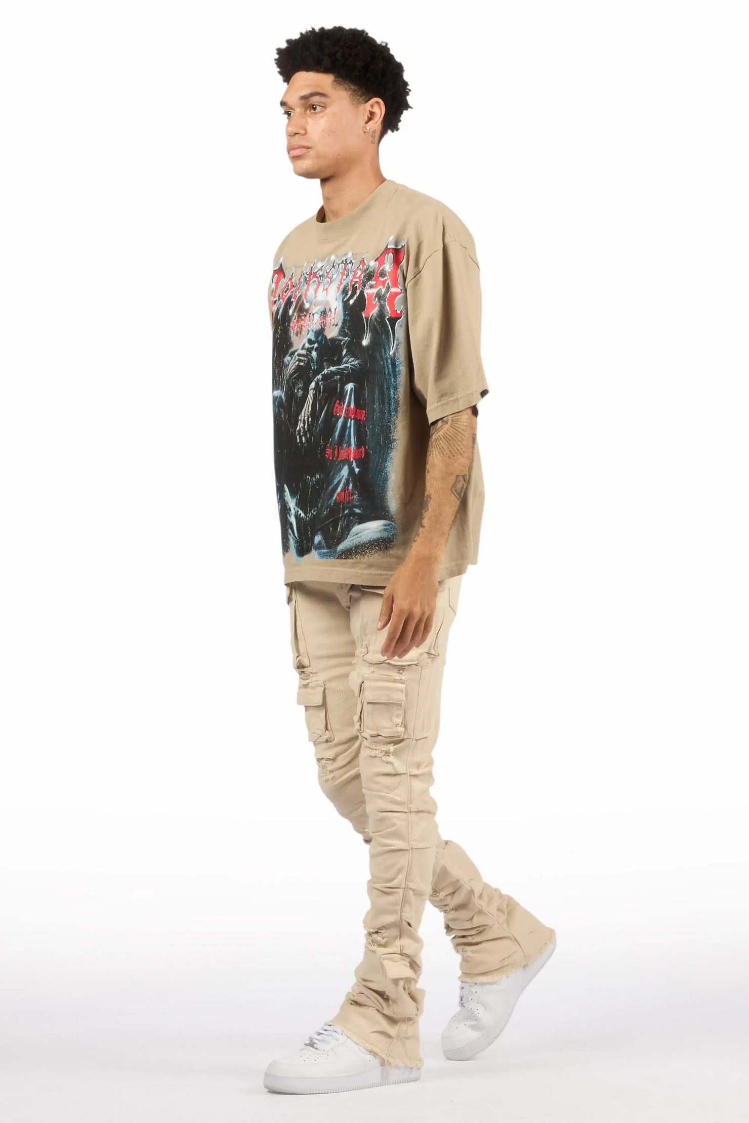 Gentry Light Beige Stacked Flare Jean