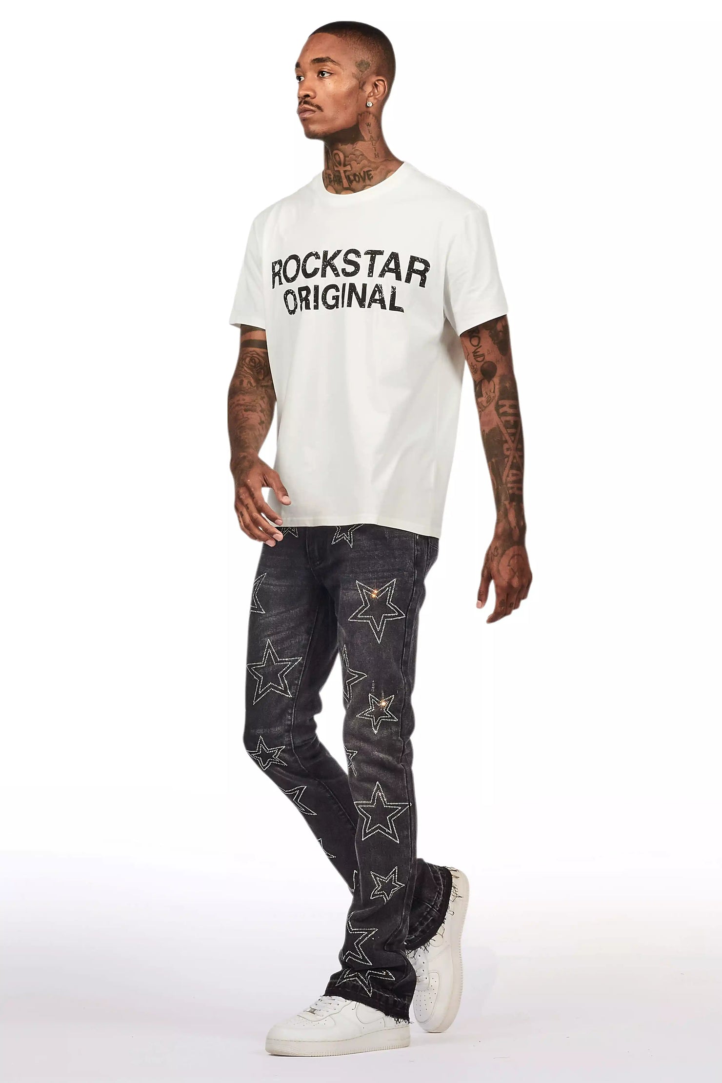 Kama Dark Grey Rhinestone Stacked Flare Jean