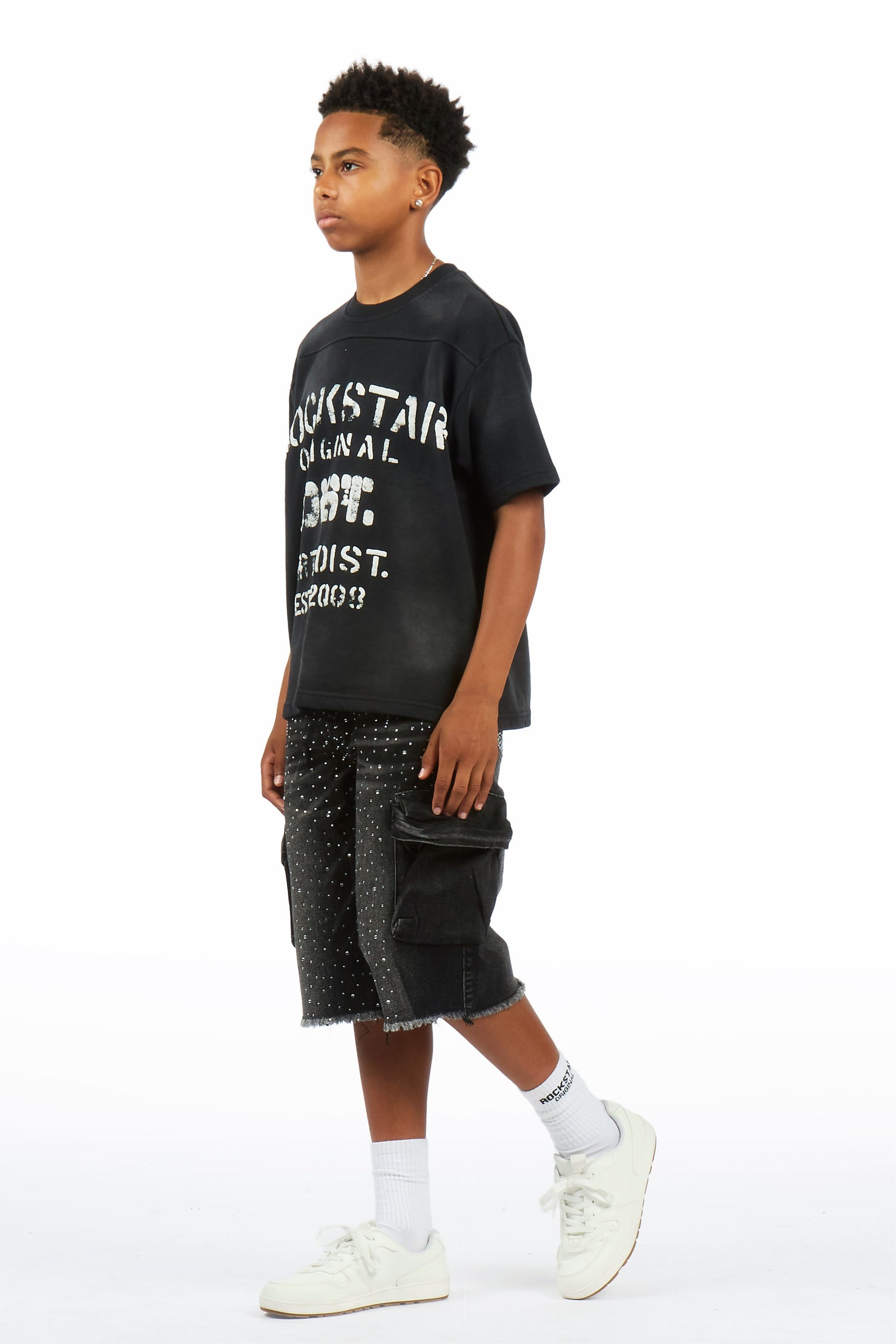 Boys Grand Black Wash Rhinestone Jort