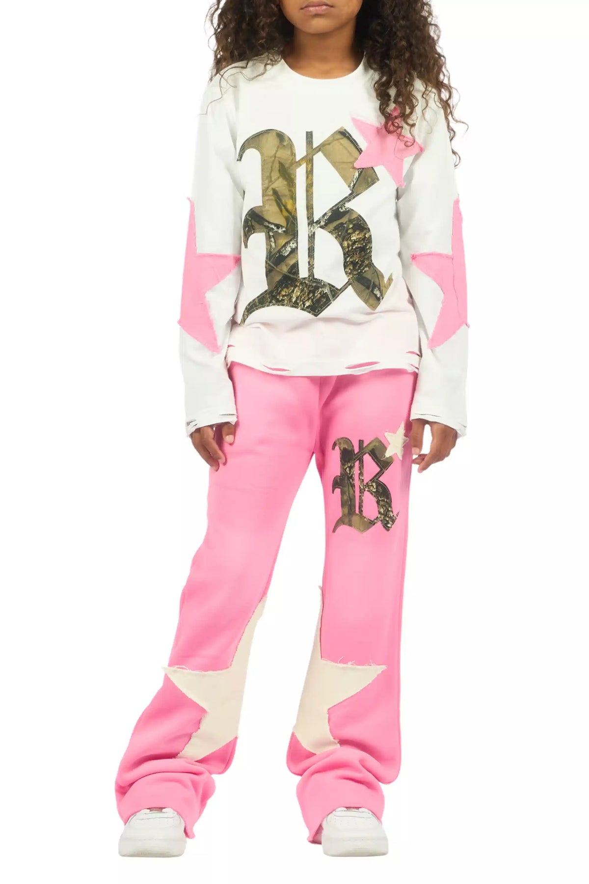 Girls Delgera White/Pink Long Sleeve T-Shirt Track Set