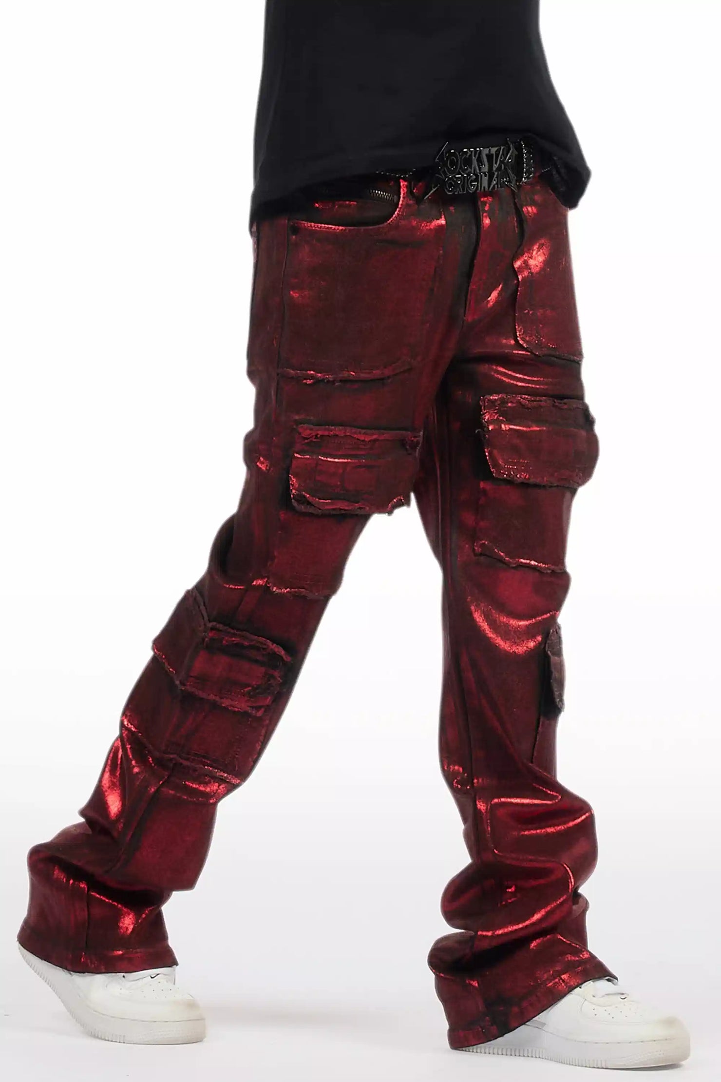 Boys Tyrell Red Metallic Coated Stacked Flare Jean
