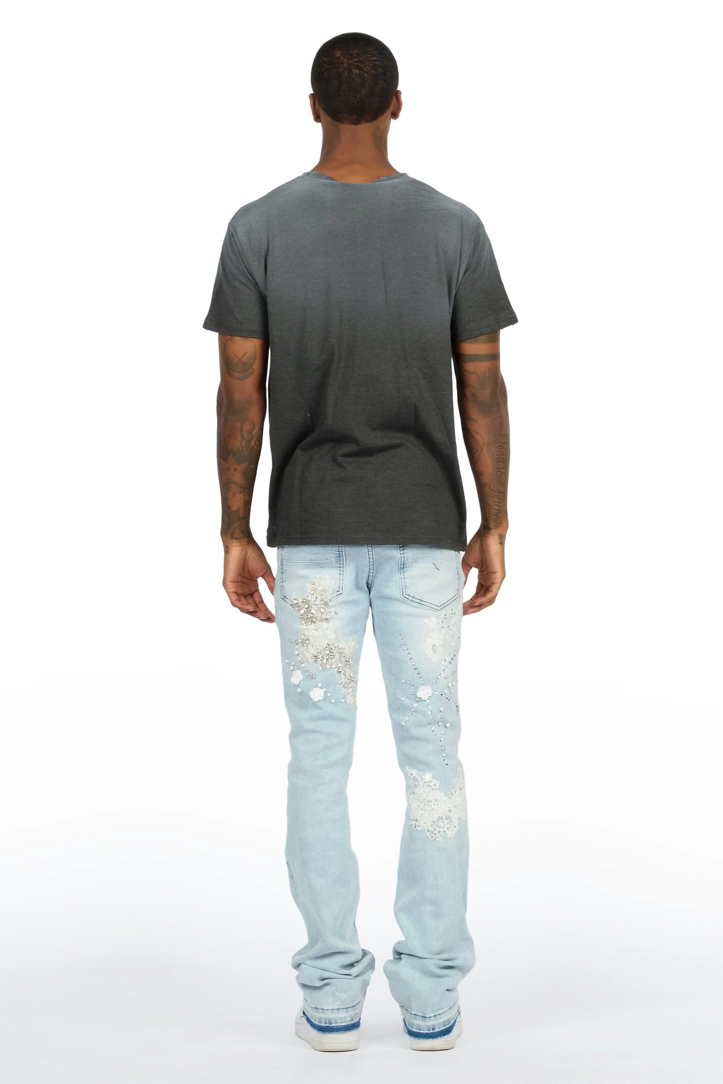 Yezen Light Blue Rhinestone Stacked Fit Jean