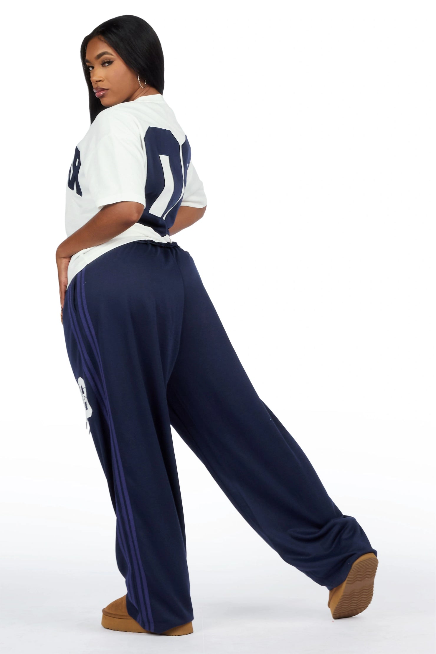 Cheyane White/Navy French Terry Chenille Tee/ French Terry Relaxed Track Set