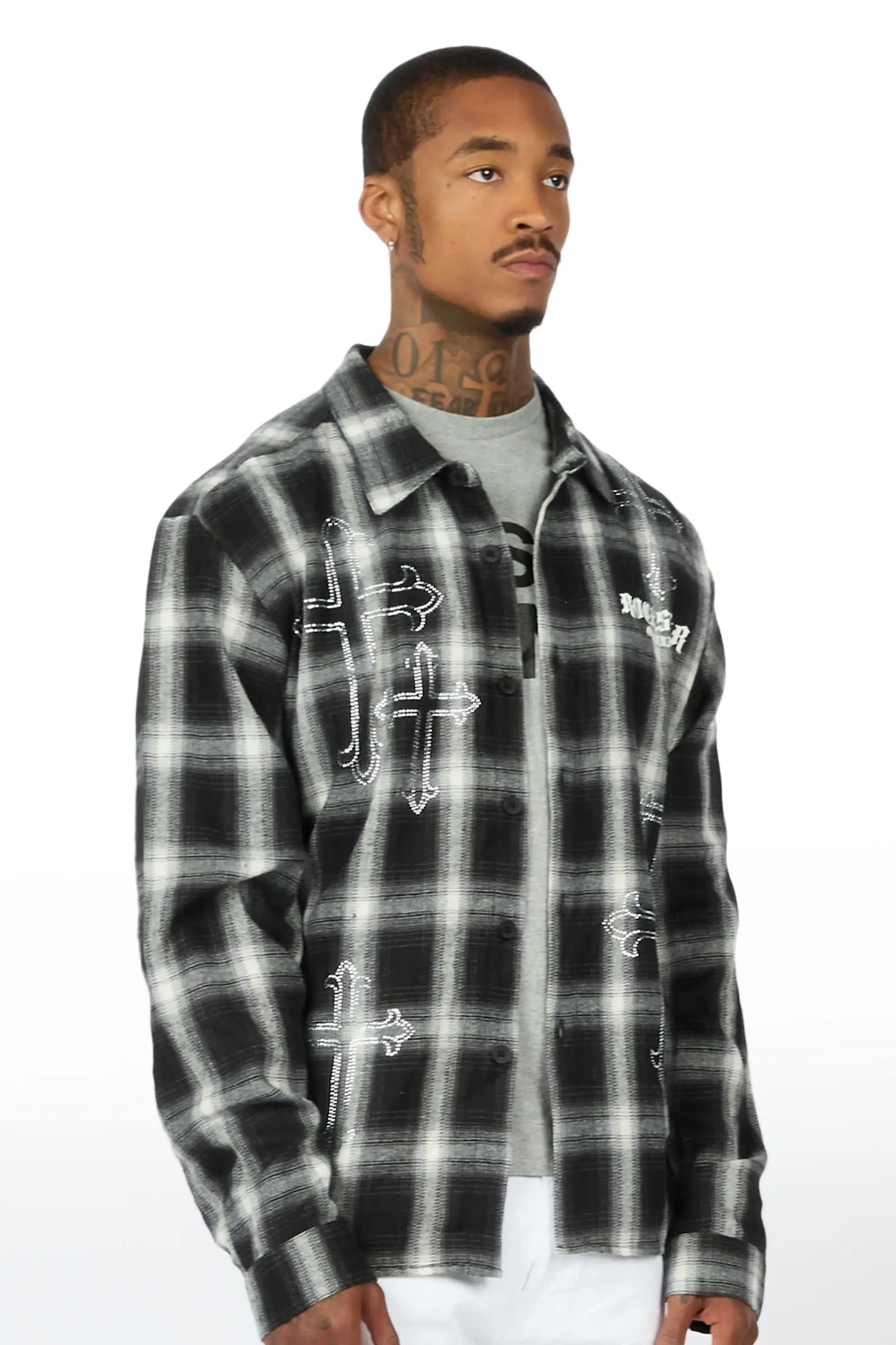 Poldi Black Rhinestone Flannel Long Sleeve Shirt