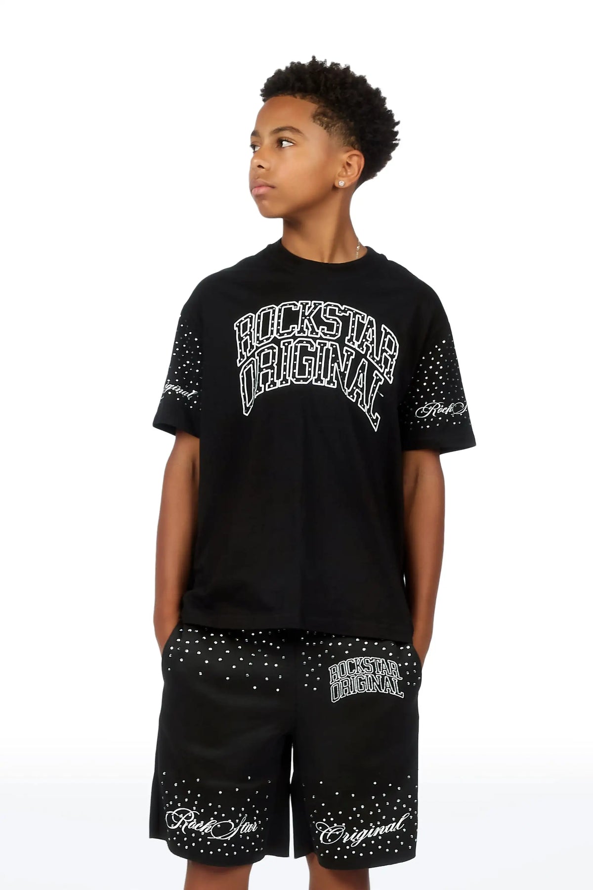 Boys Dripped Black Rhinestone Oversized T-Shirt/Short Set