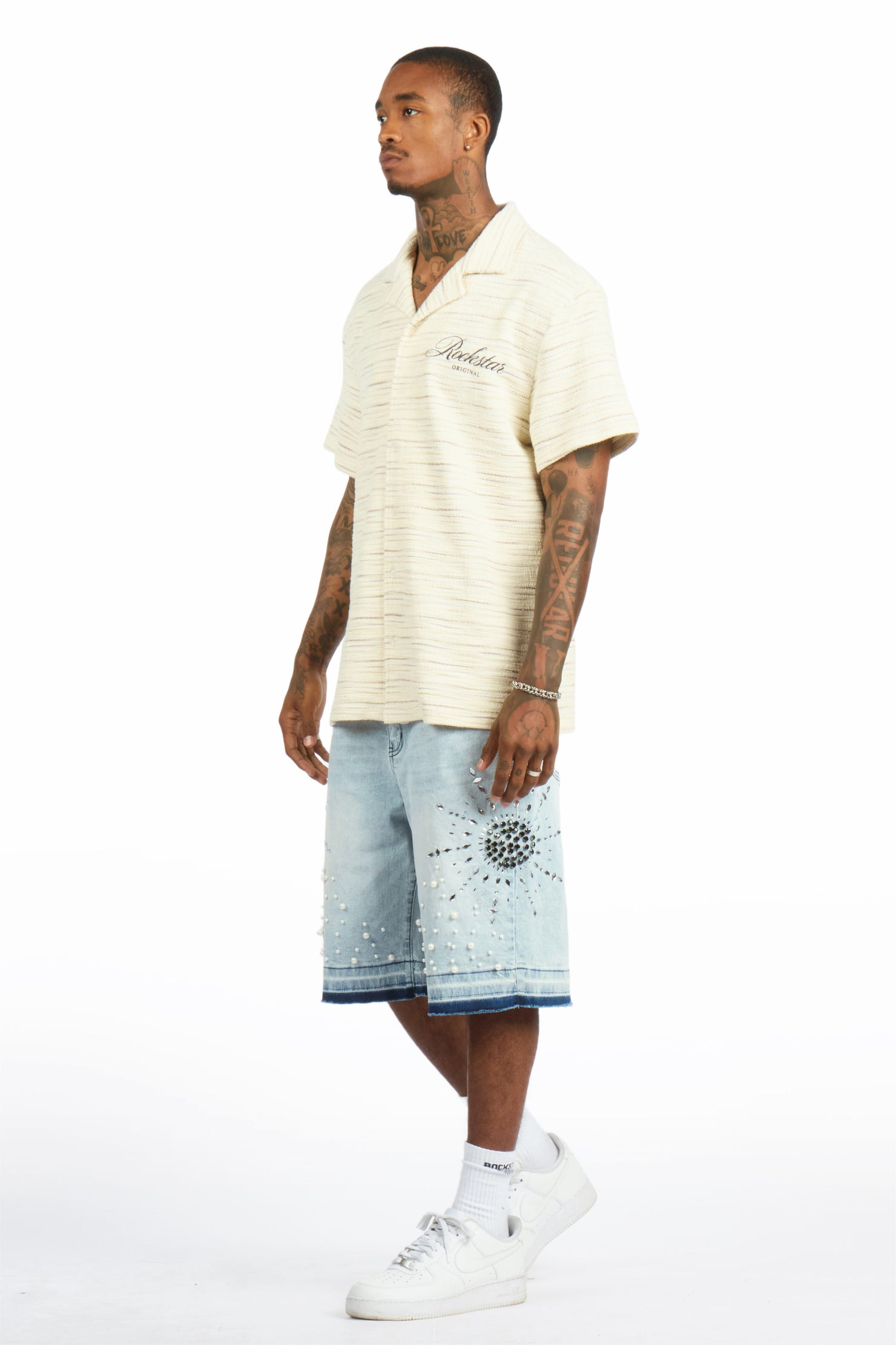 Tryst Light Blue Rhinestone Denim Short