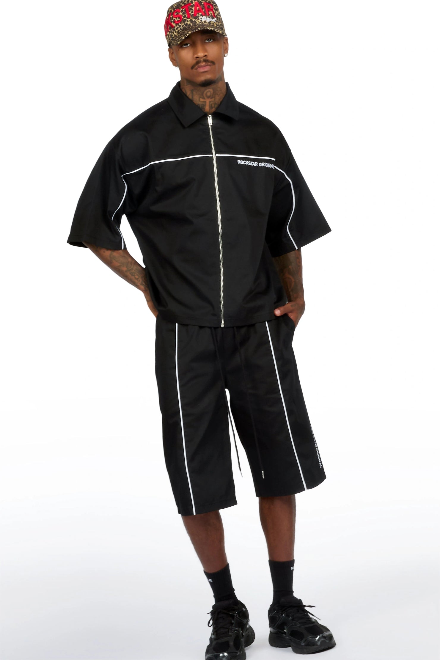 Izan Black Zip Up Short Sleeve Twill Short Set