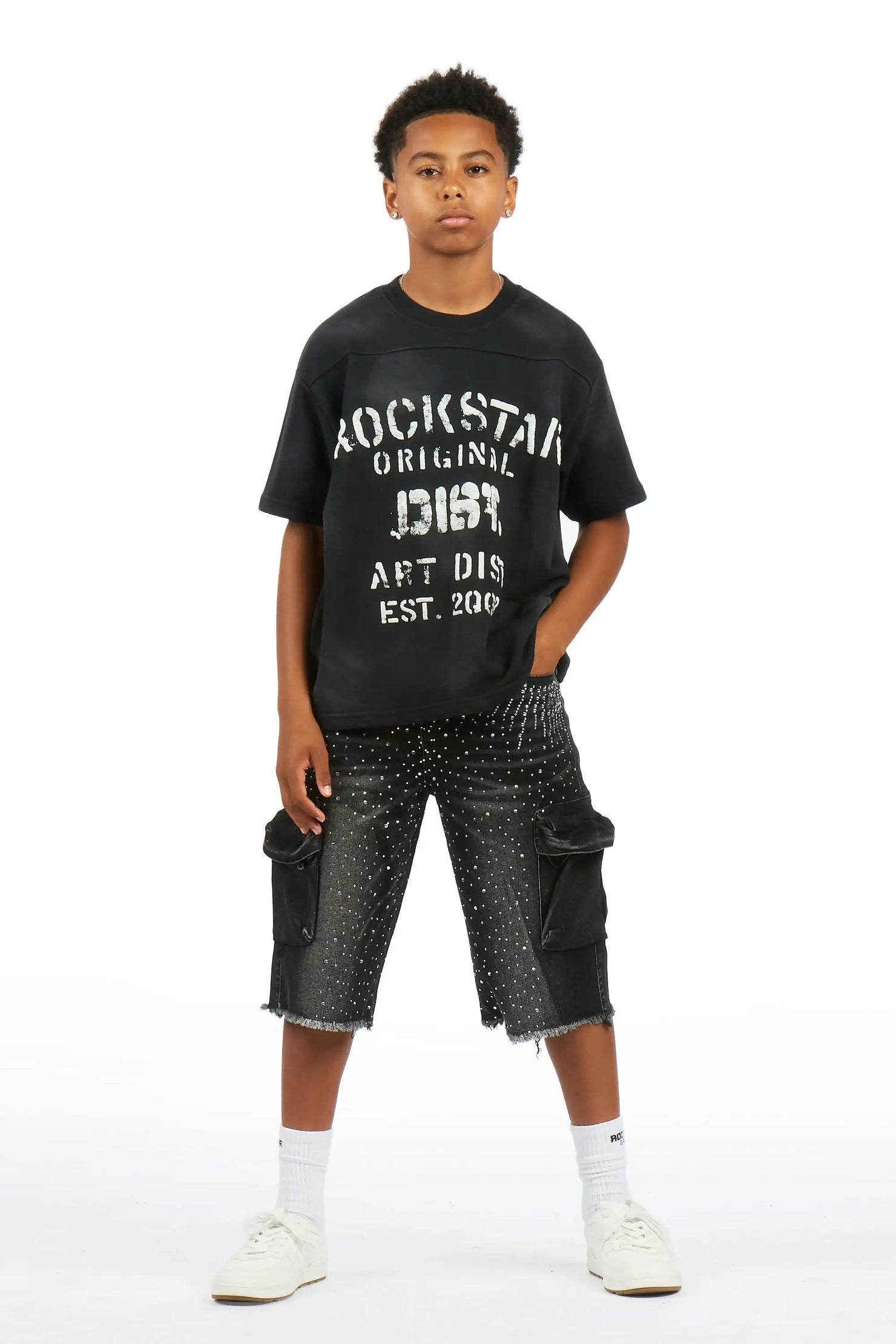 Boys Grand Black Wash Rhinestone Jort