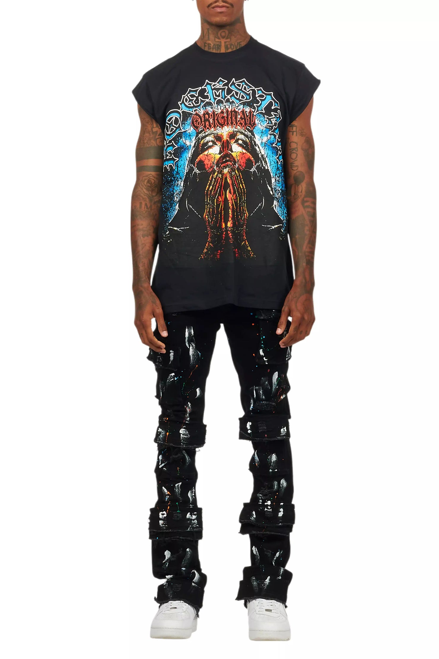 Orien Jet Black Painter Stacked Flare Jean