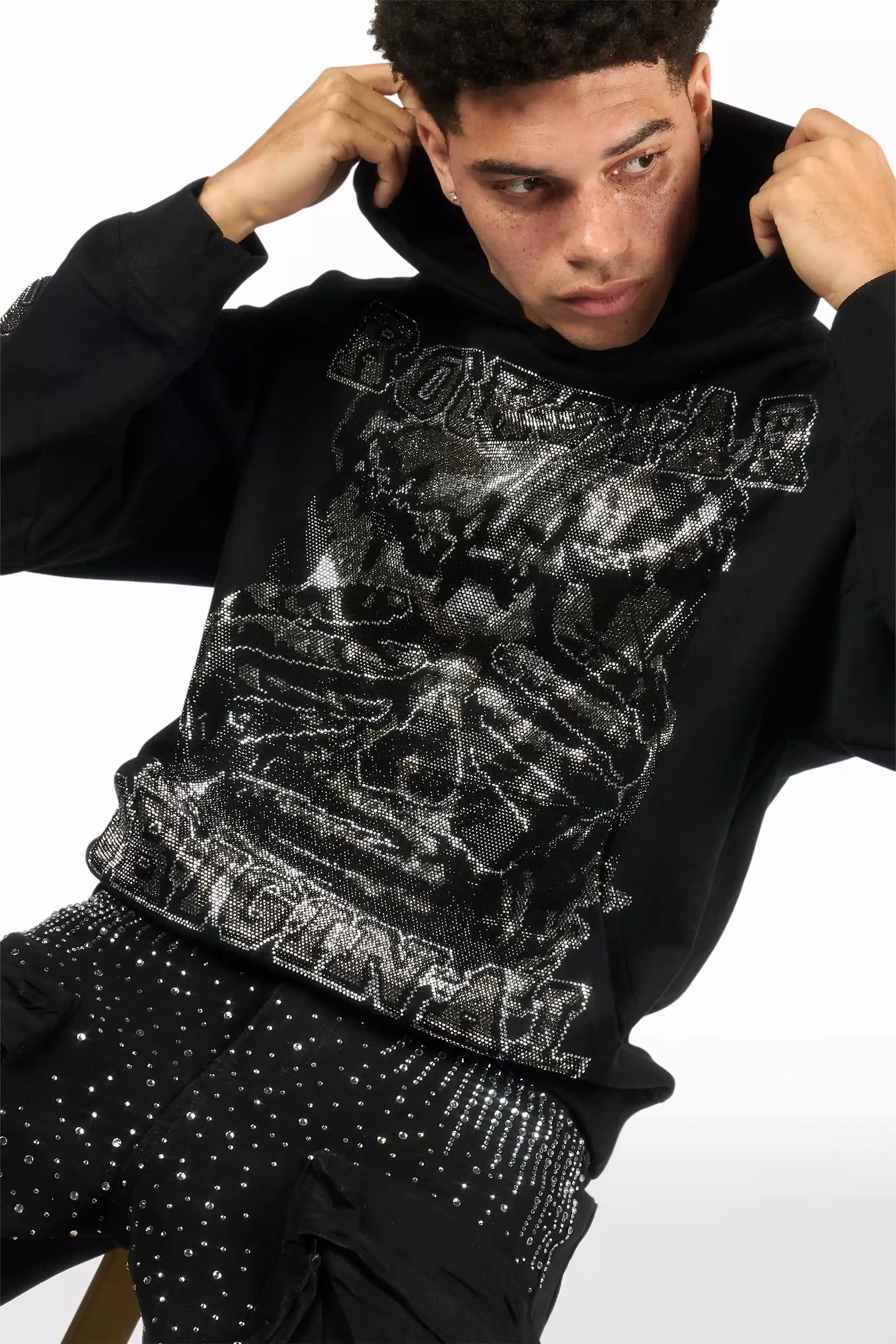 Move In Silence Black Rhinestone Oversized Hoodie