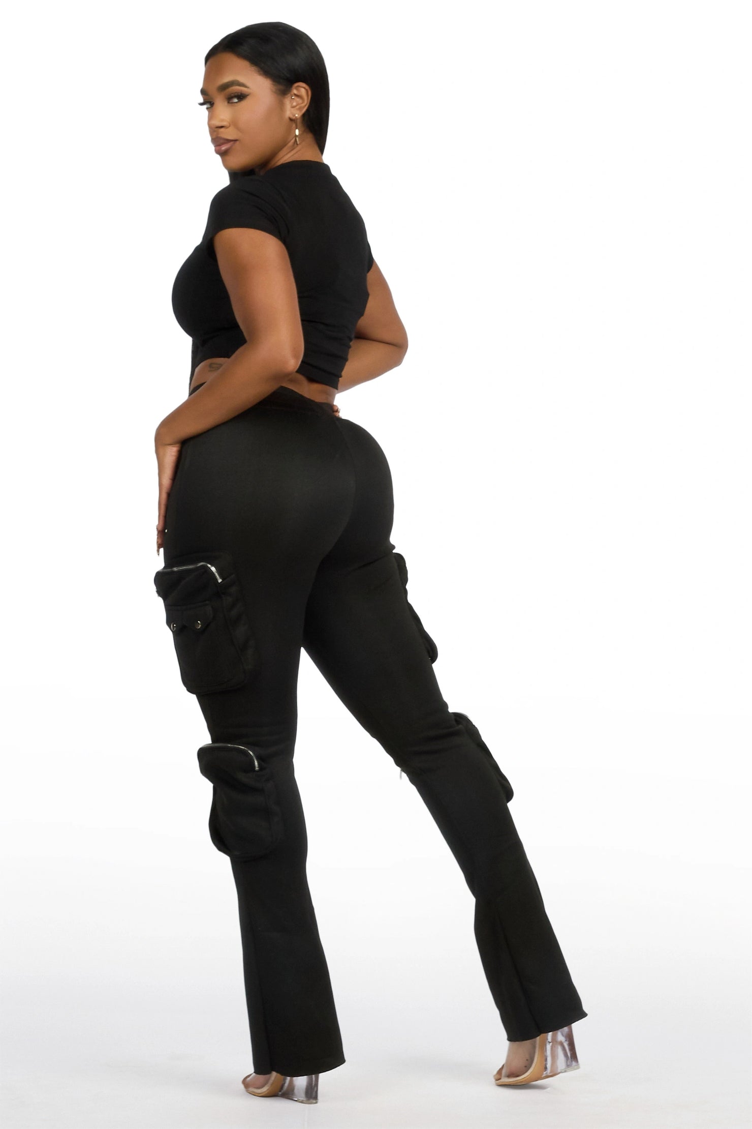 Cheronnie Black Cargo Stacked Track Pant