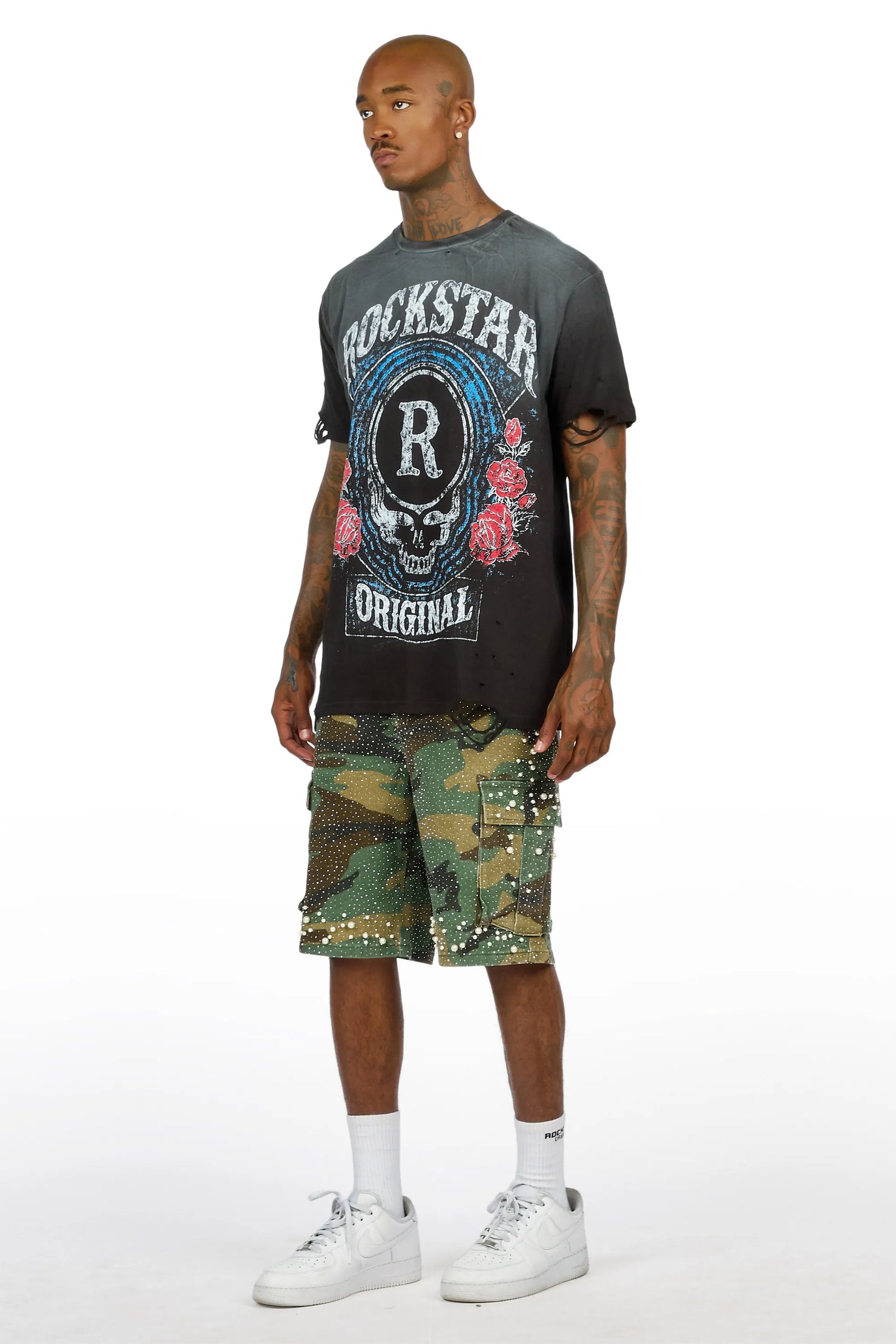 Sevyn Faded Camo Rhinestone Denim Short